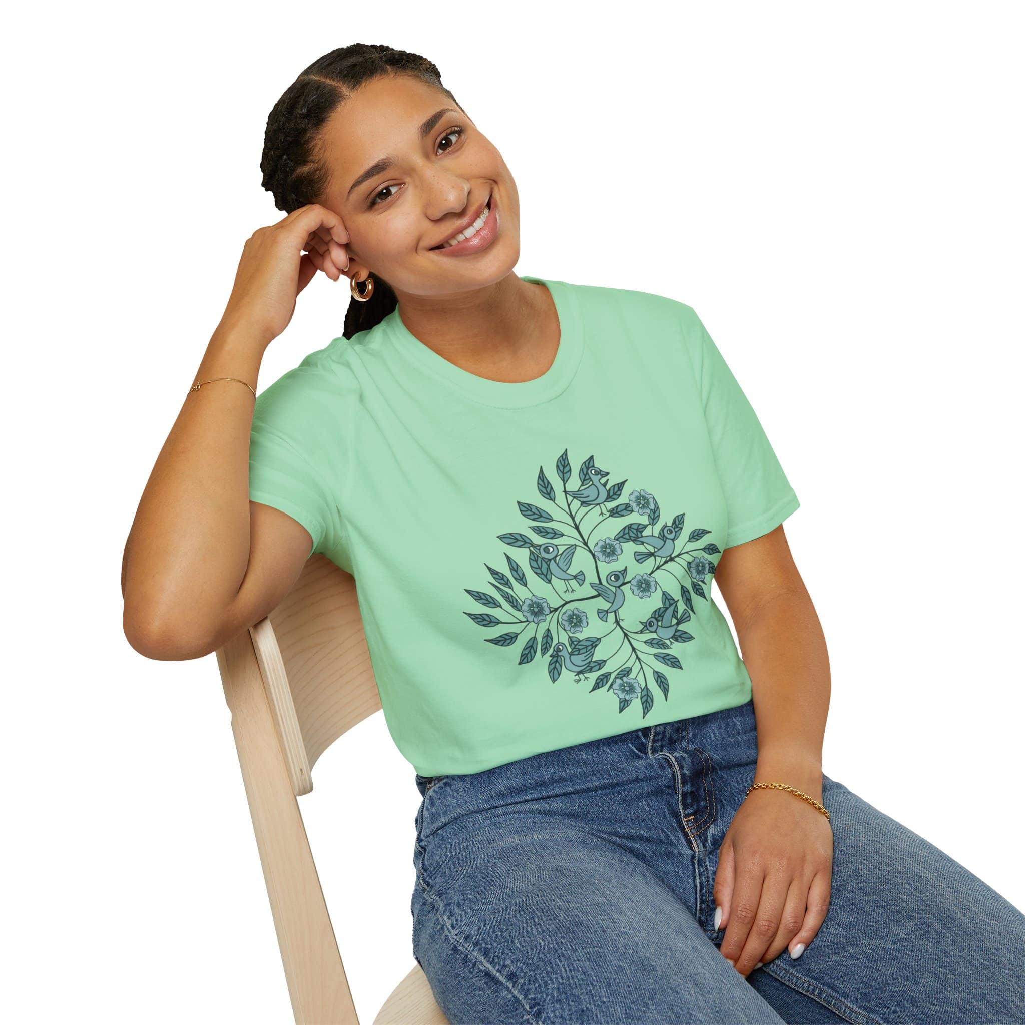 Botanical Bird Tee — Teal Floral Branch Graphic T-Shirt - Image 4