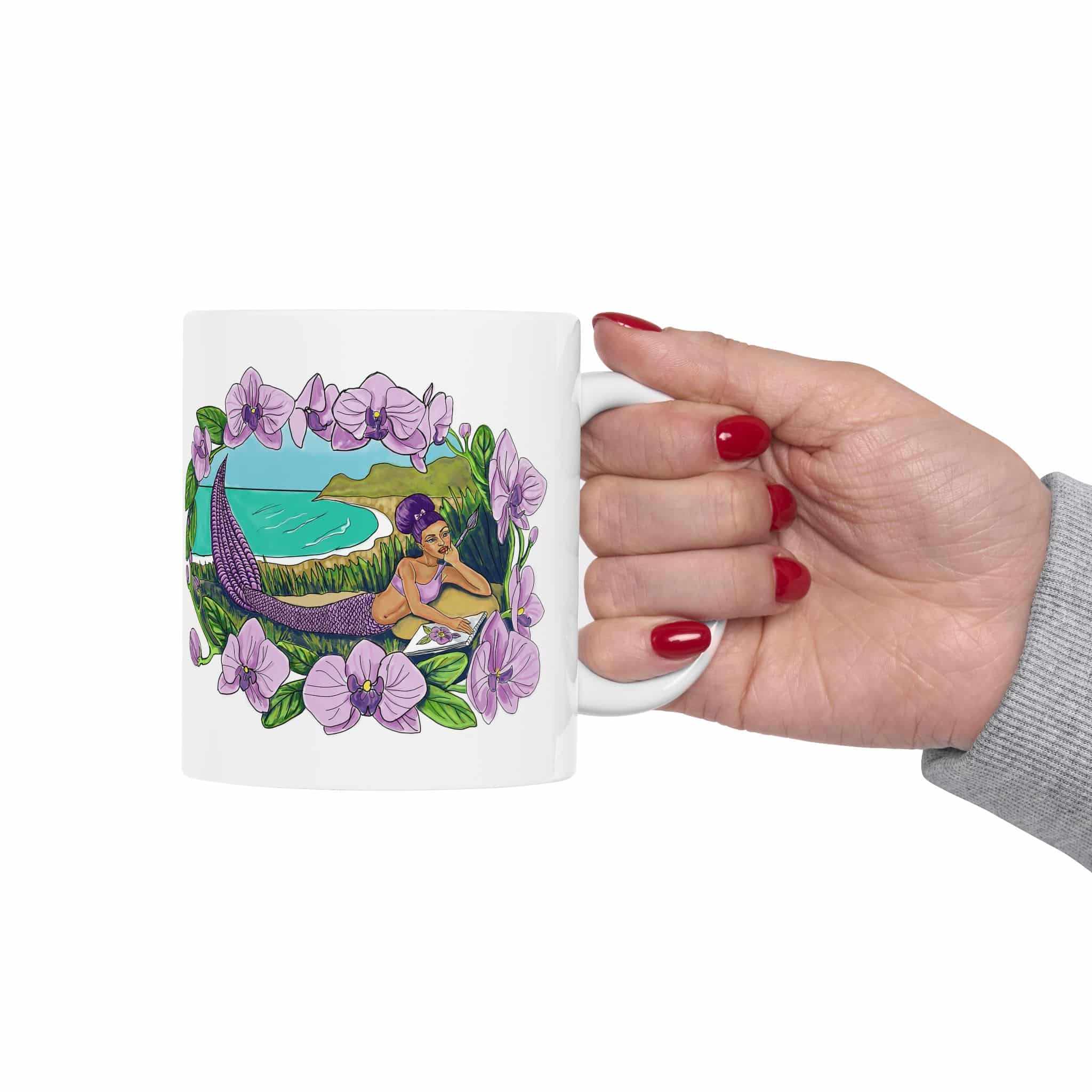 Mermaid Beach Floral Ceramic Mug —hand Illustrated 11oz/15oz Coffee Cup - Image 3