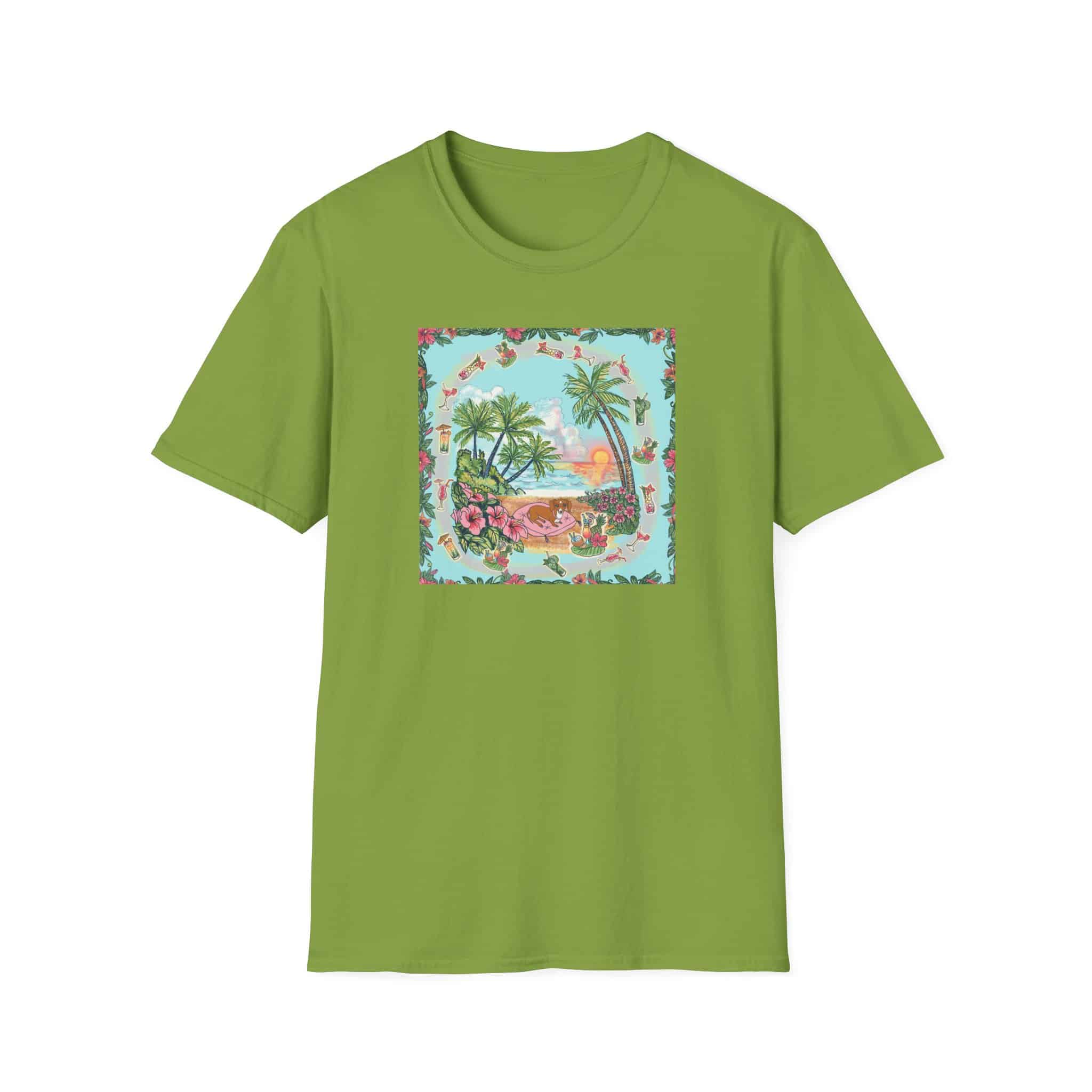 Dachshund on a Tropical Sunset Beach T-Shirt — Vintage Beach Floral Graphic - Image 23