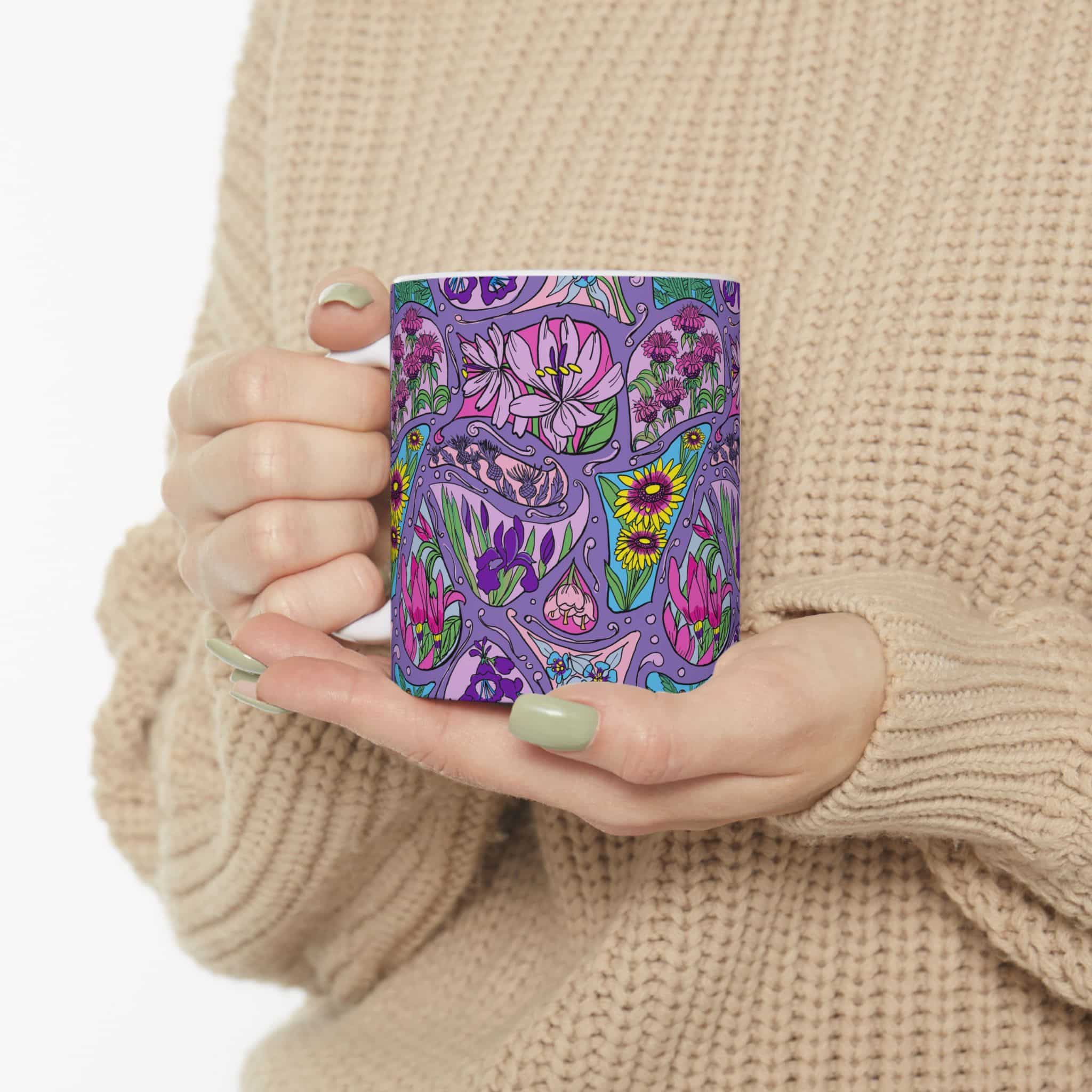 Floral Paisley Ceramic Mug - Purple Garden Pattern (11oz & 15oz) - Image 5