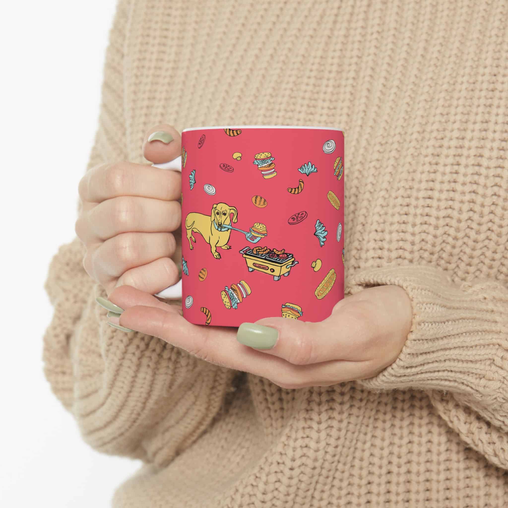 Dachshund Cooking on Hibachi Pattern Ceramic Mug — Cute Burger & Hot Dog 11oz/15oz Coffee Cup - Image 5