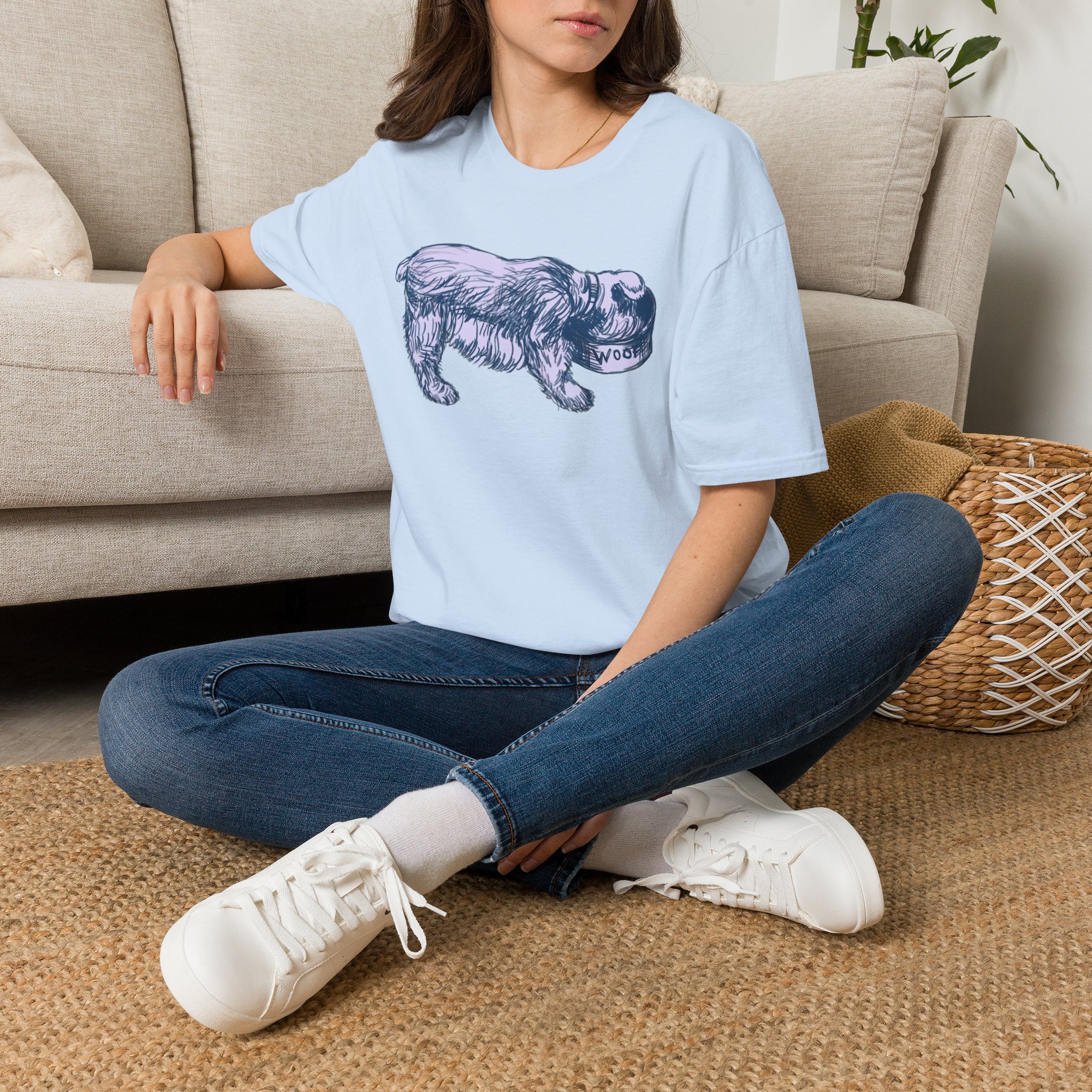 Quirky Vintage Pup Illustration T-Shirt — 'Woof' Dog Bowl Graphic - Image 2