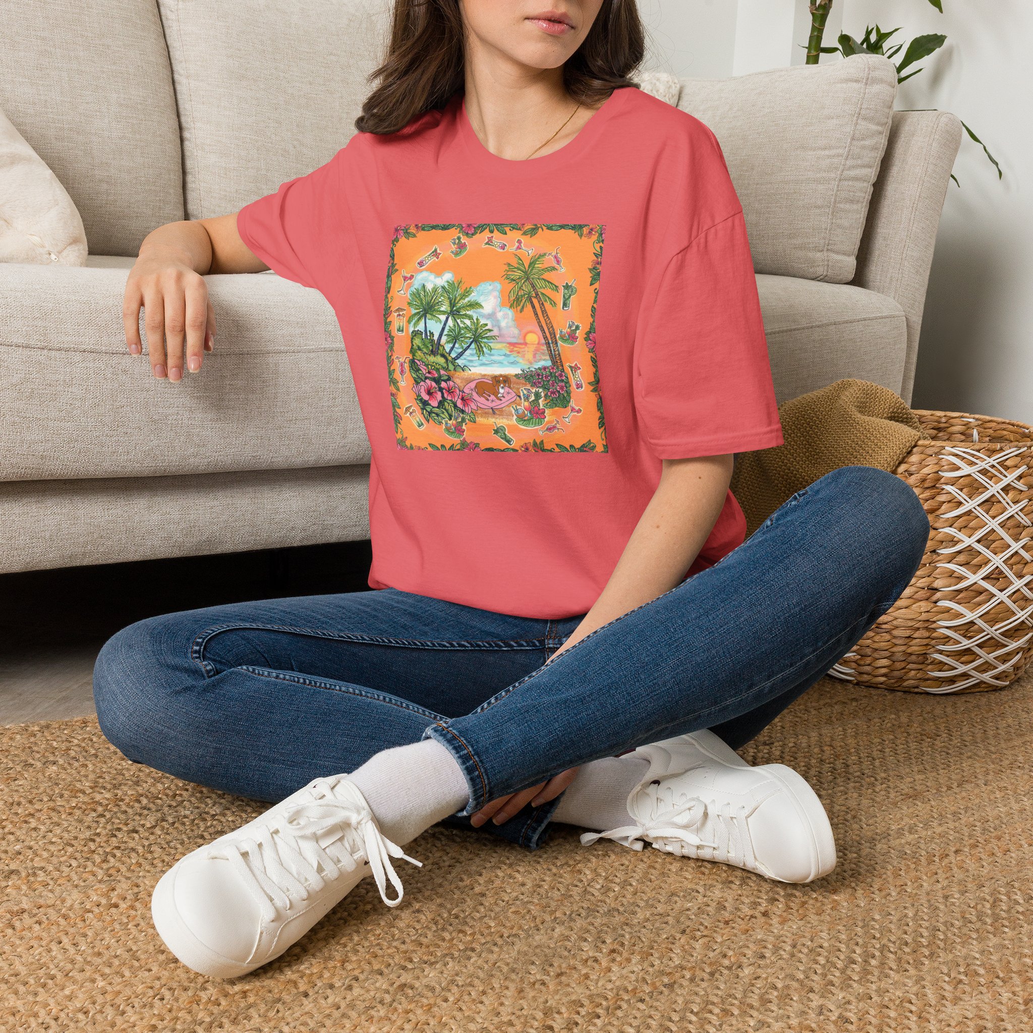 Girl Dachshund on a Tropical Sunset Beach T-Shirt — Vintage Beach Floral Graphic - Image 14