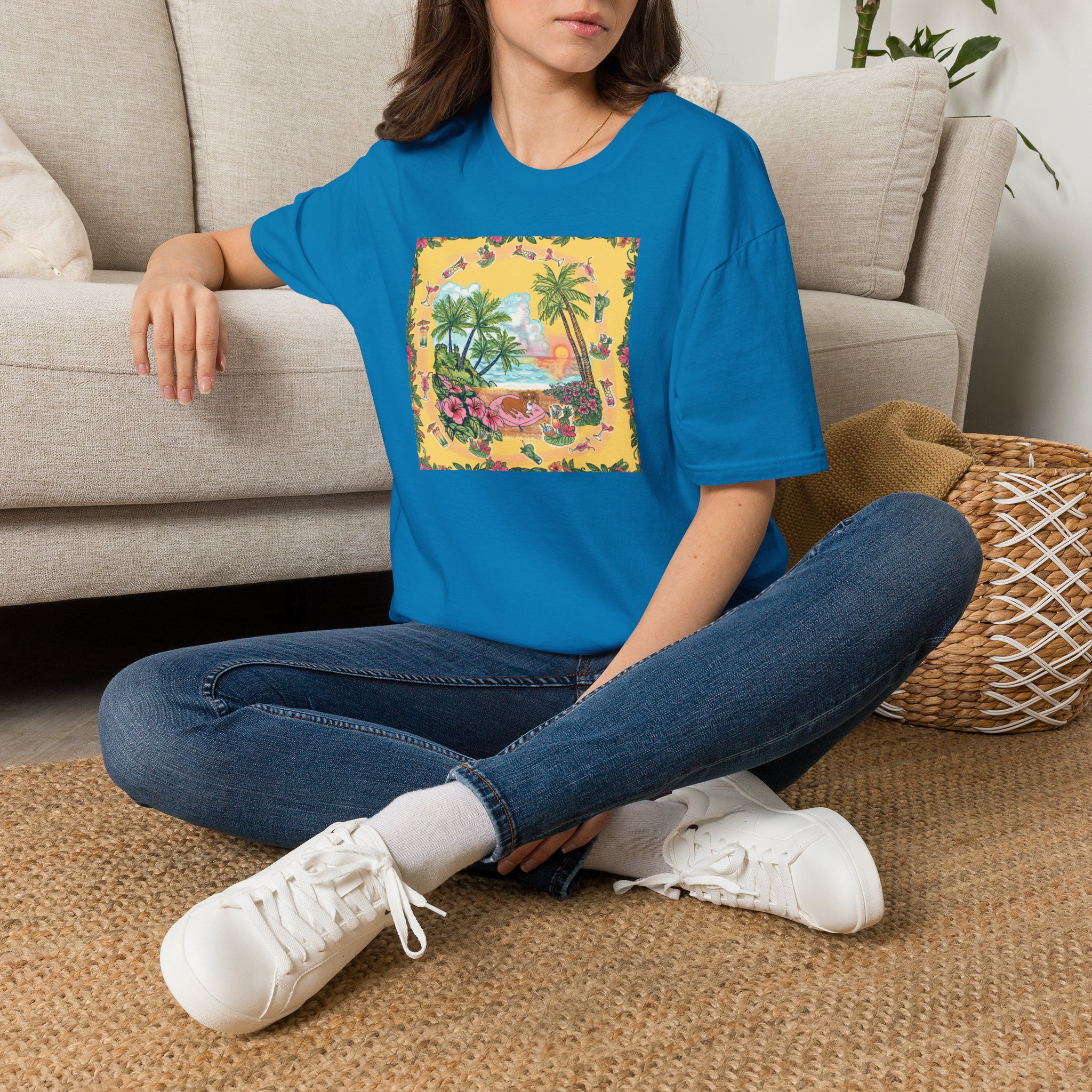 Girl Dachshund on a Tropical Sunset Beach T-Shirt — Vintage Beach Floral Graphic - Image 42