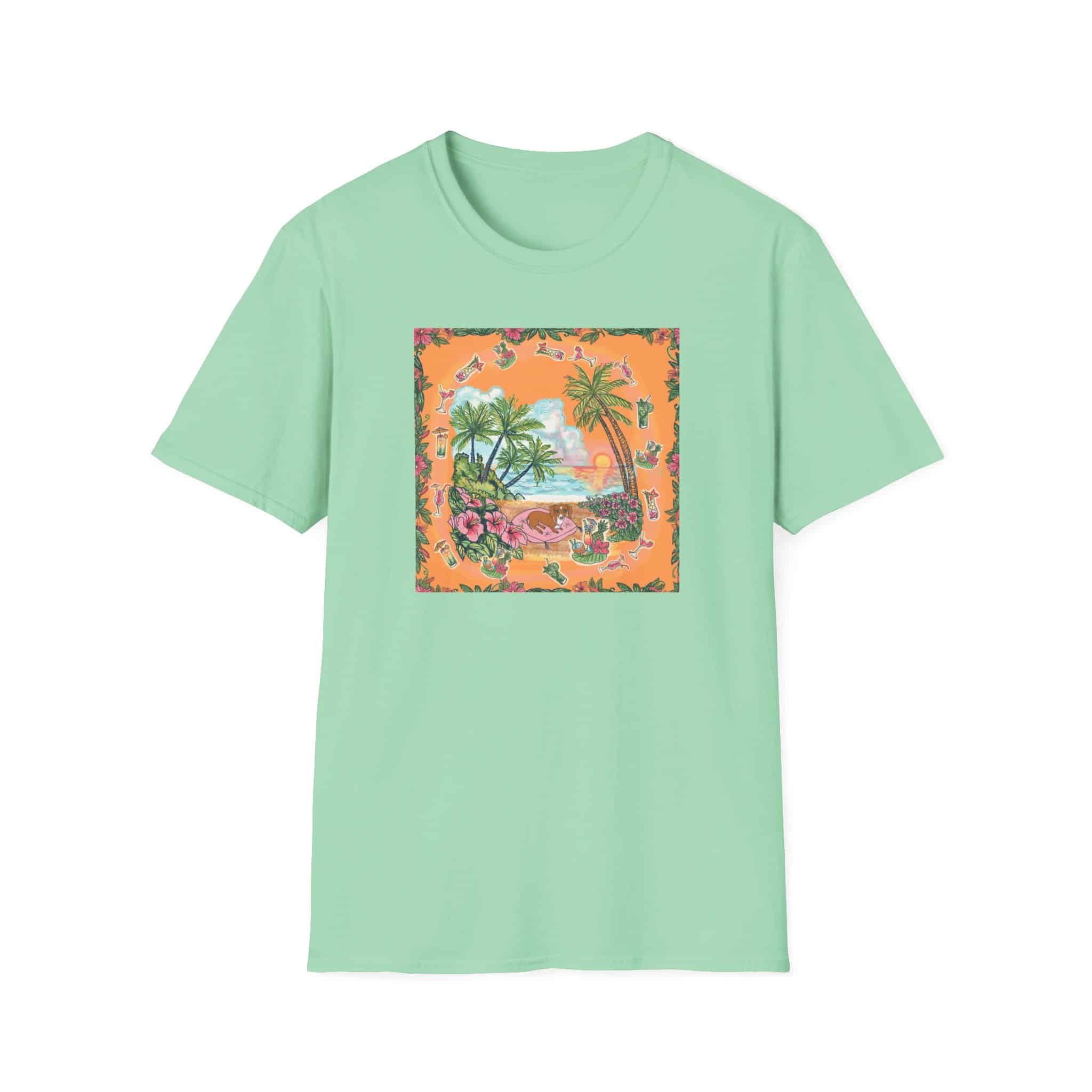 Girl Dachshund on a Tropical Sunset Beach T-Shirt — Vintage Beach Floral Graphic - Image 18