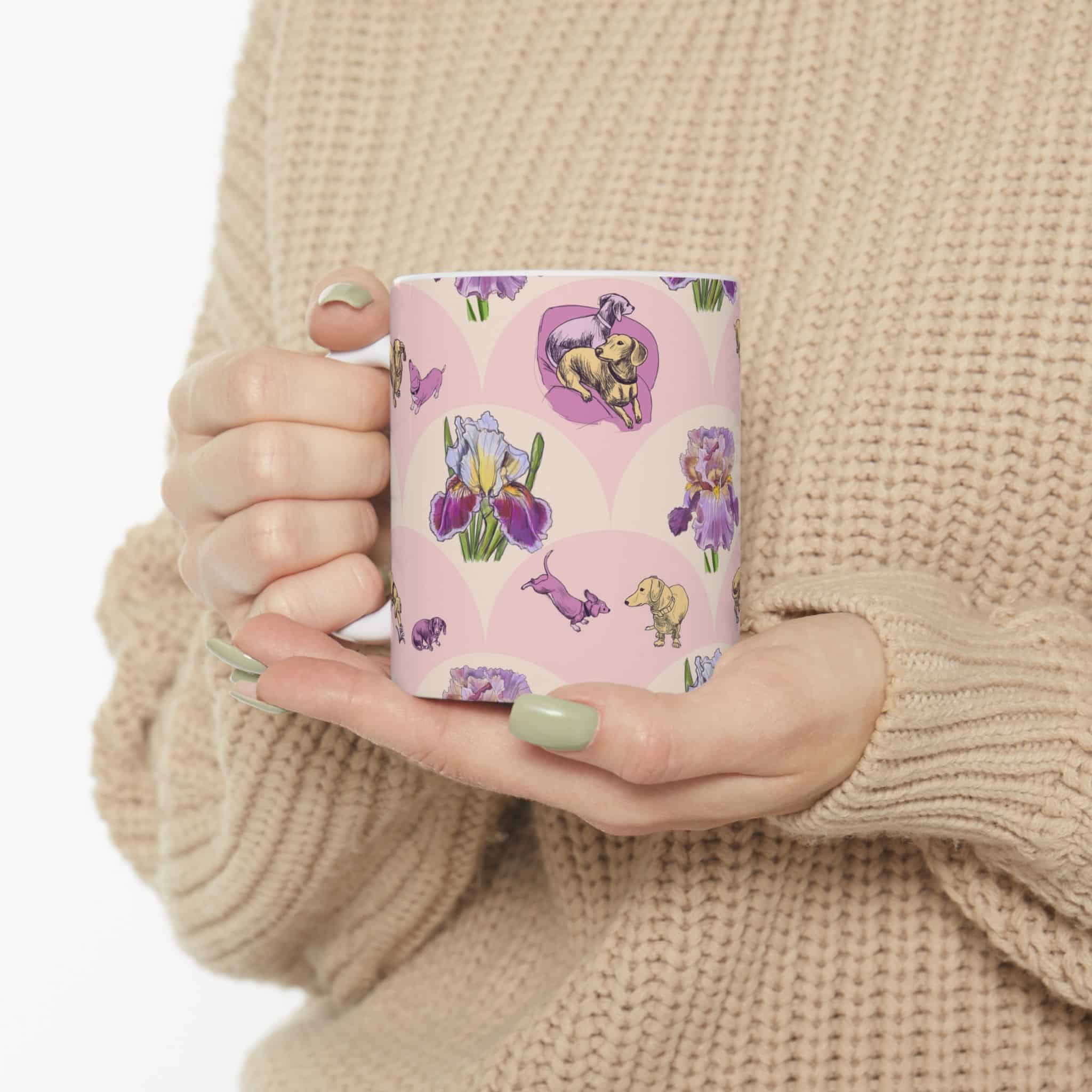 Iris & Dachshund Ceramic Mug – Pink Floral Dog Pattern (11oz, 15oz) - Image 5