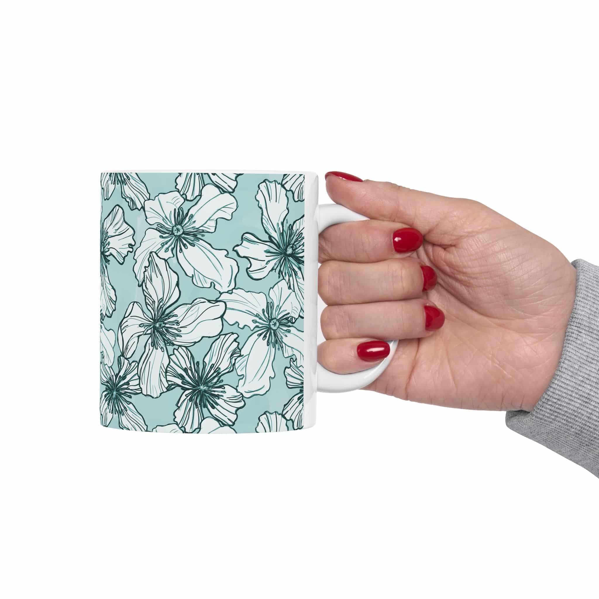 Teal Floral Pattern Ceramic Mug (11oz & 15oz) - Image 3