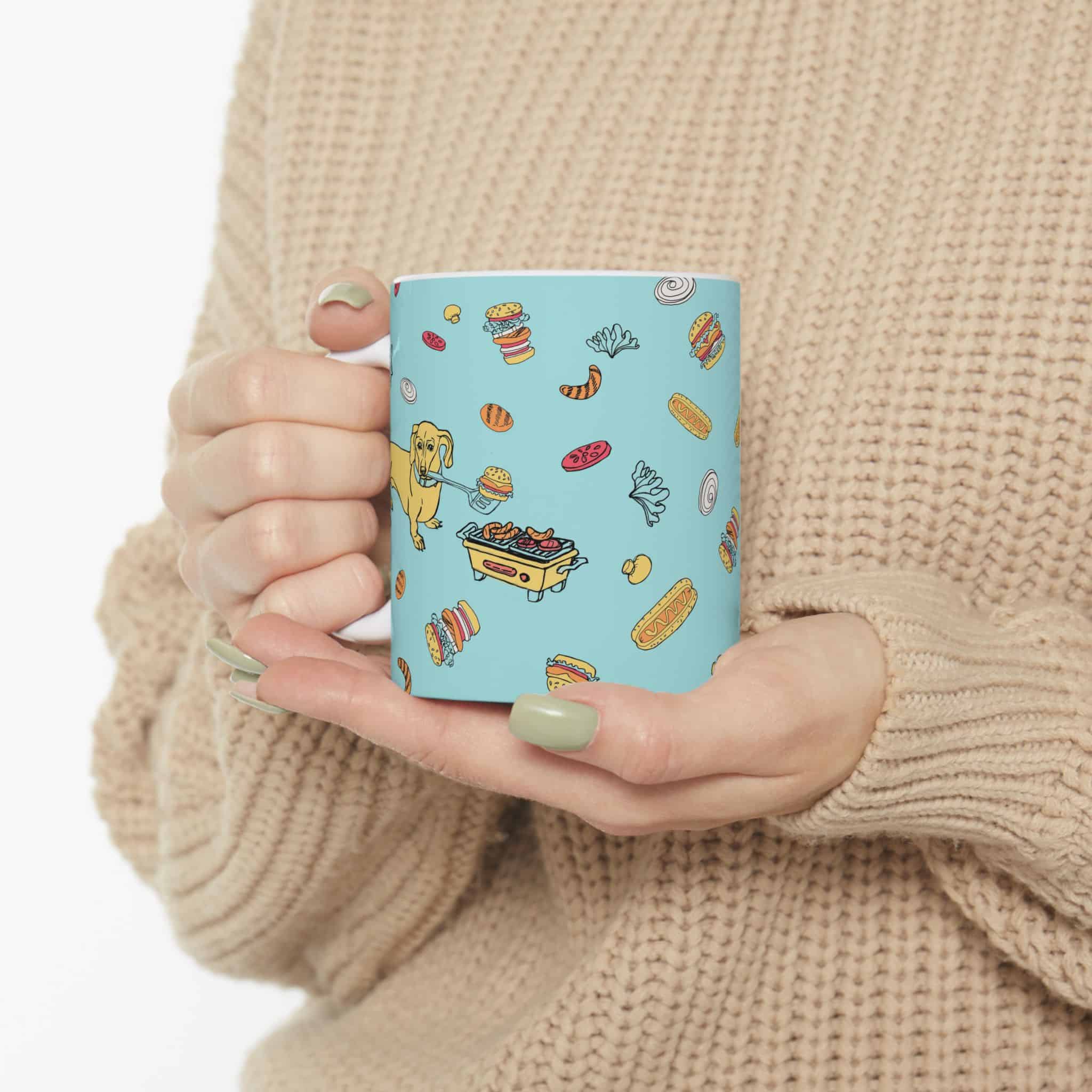 Dachshund Cooking on Hibachi Pattern Ceramic Mug — Cute Burger & Hot Dog 11oz/15oz Coffee Cup - Image 5