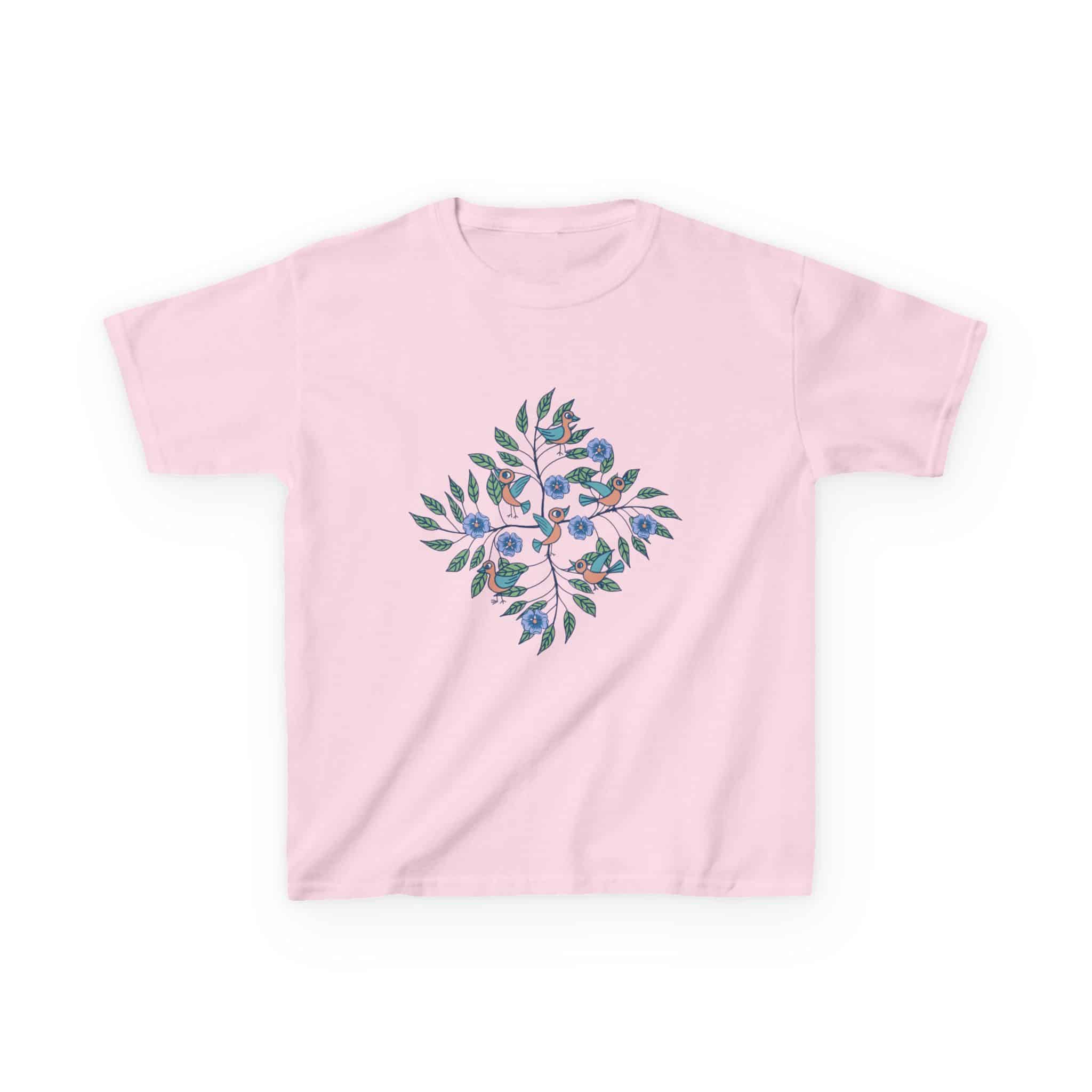 Kids Tee — Stick Figure Birds Floral Leaf Diamond Graphic