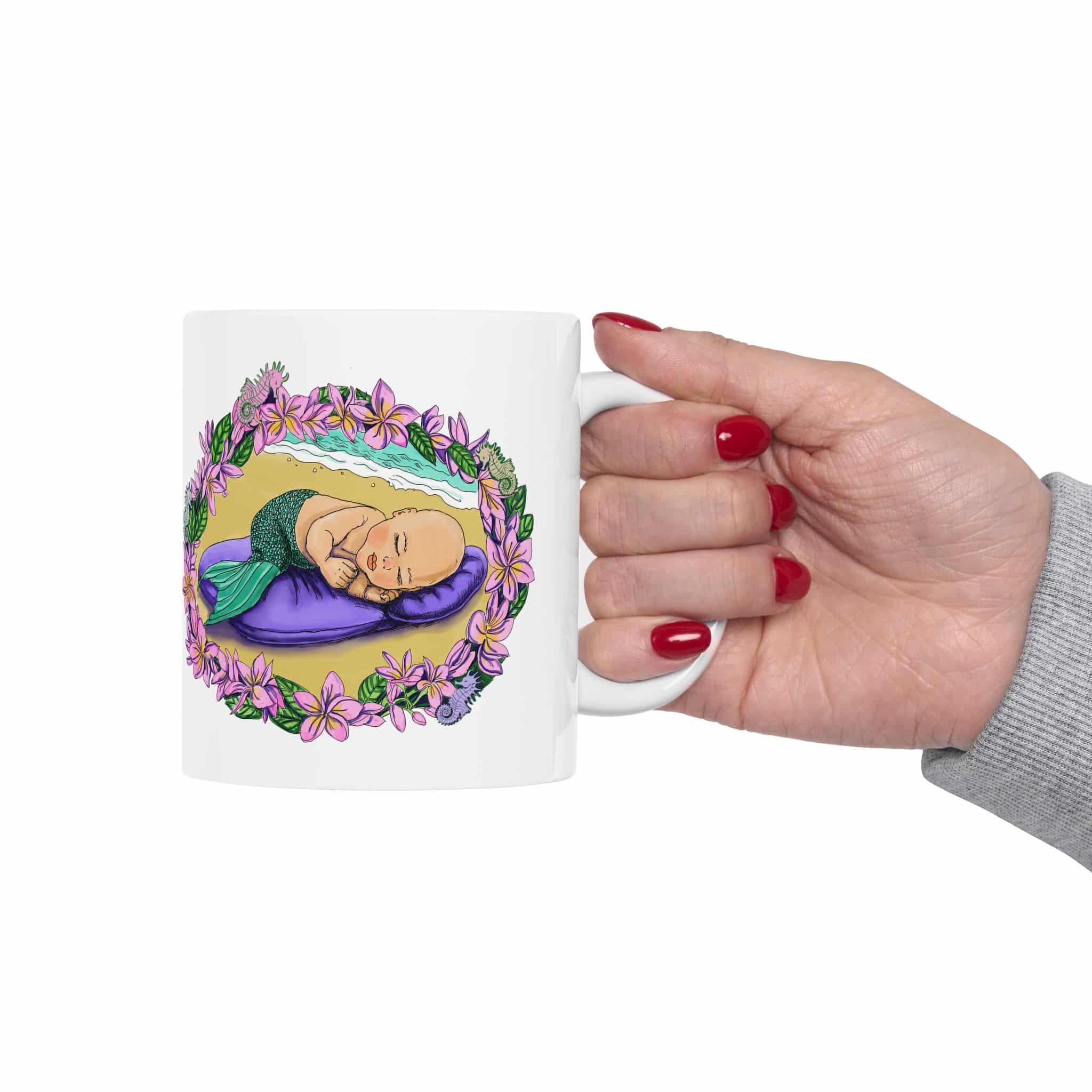 Mermaid Infant Ceramic Mug — Cute Sleeping Baby Mermaid in Floral Wreath (11oz & 15oz) - Image 3