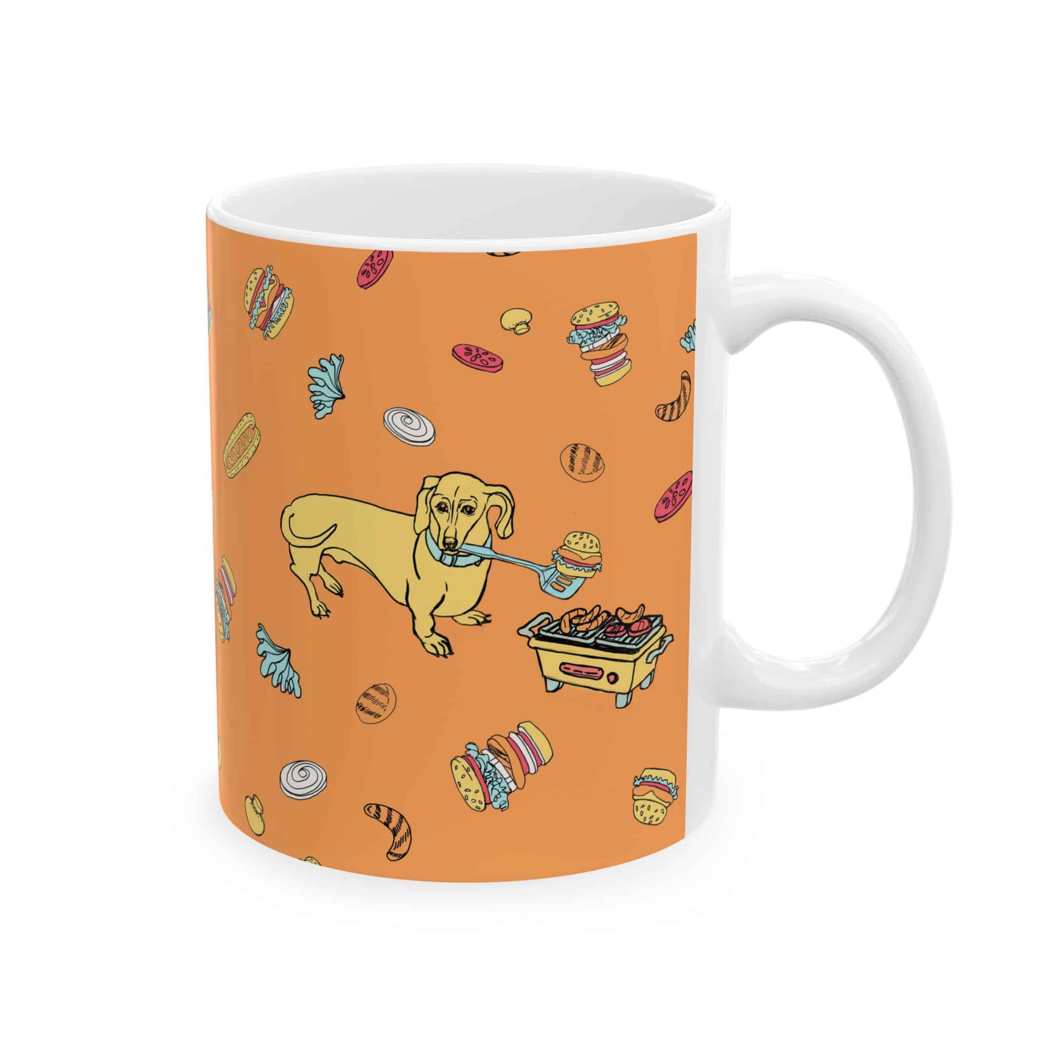 Dachshund Cooking on Hibachi Pattern Ceramic Mug — Cute Burger & Hot Dog 11oz/15oz Coffee Cup - Image 2