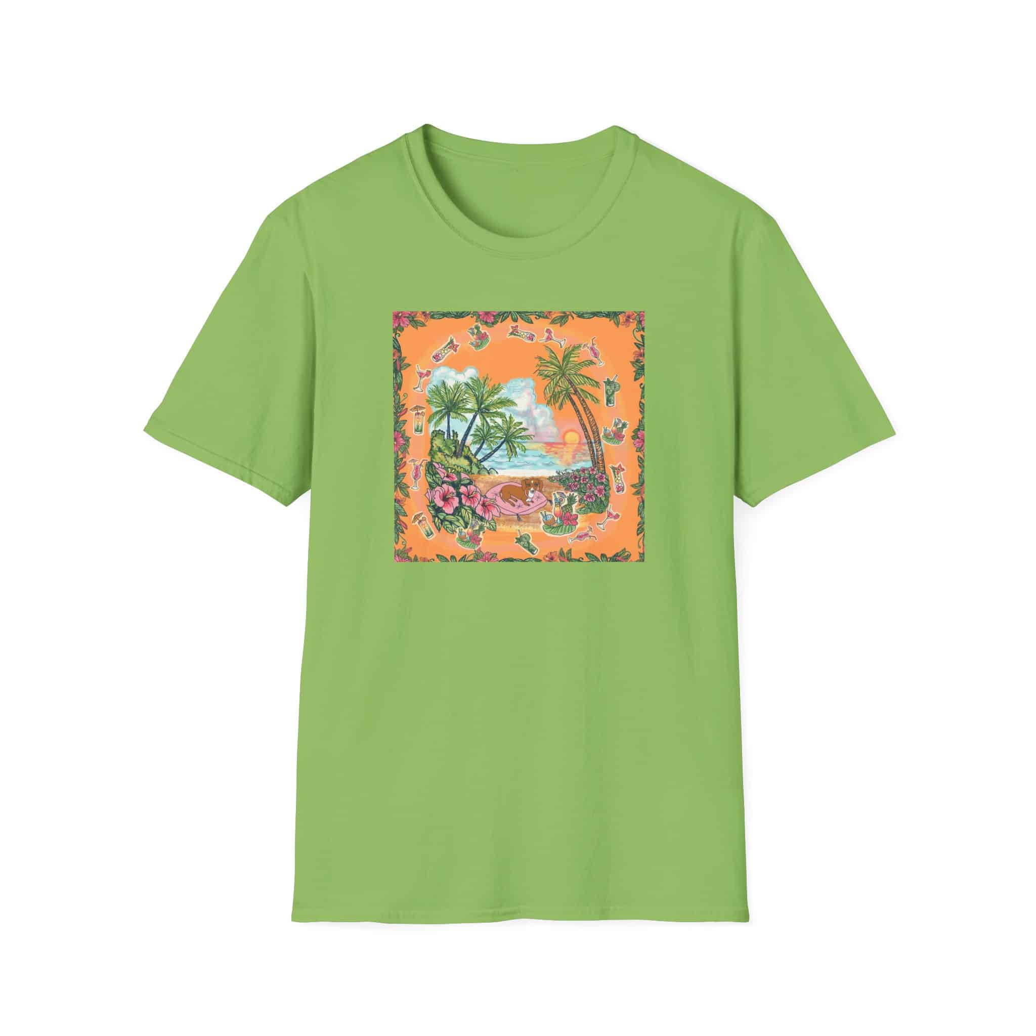 Girl Dachshund on a Tropical Sunset Beach T-Shirt — Vintage Beach Floral Graphic - Image 37