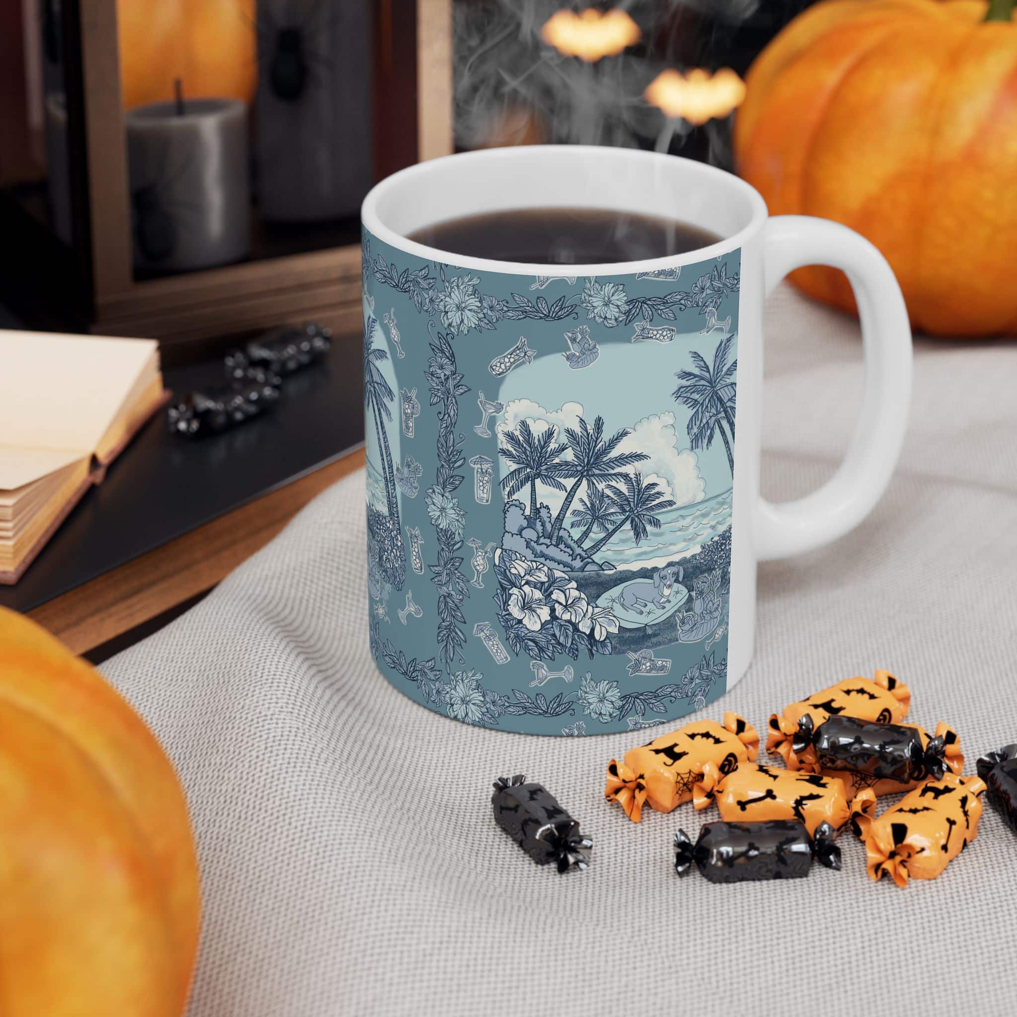 Dachshund on a Tropical Beach Ceramic Mug – Vintage Palm Tree Ocean Scene (11oz & 15oz) - Image 4