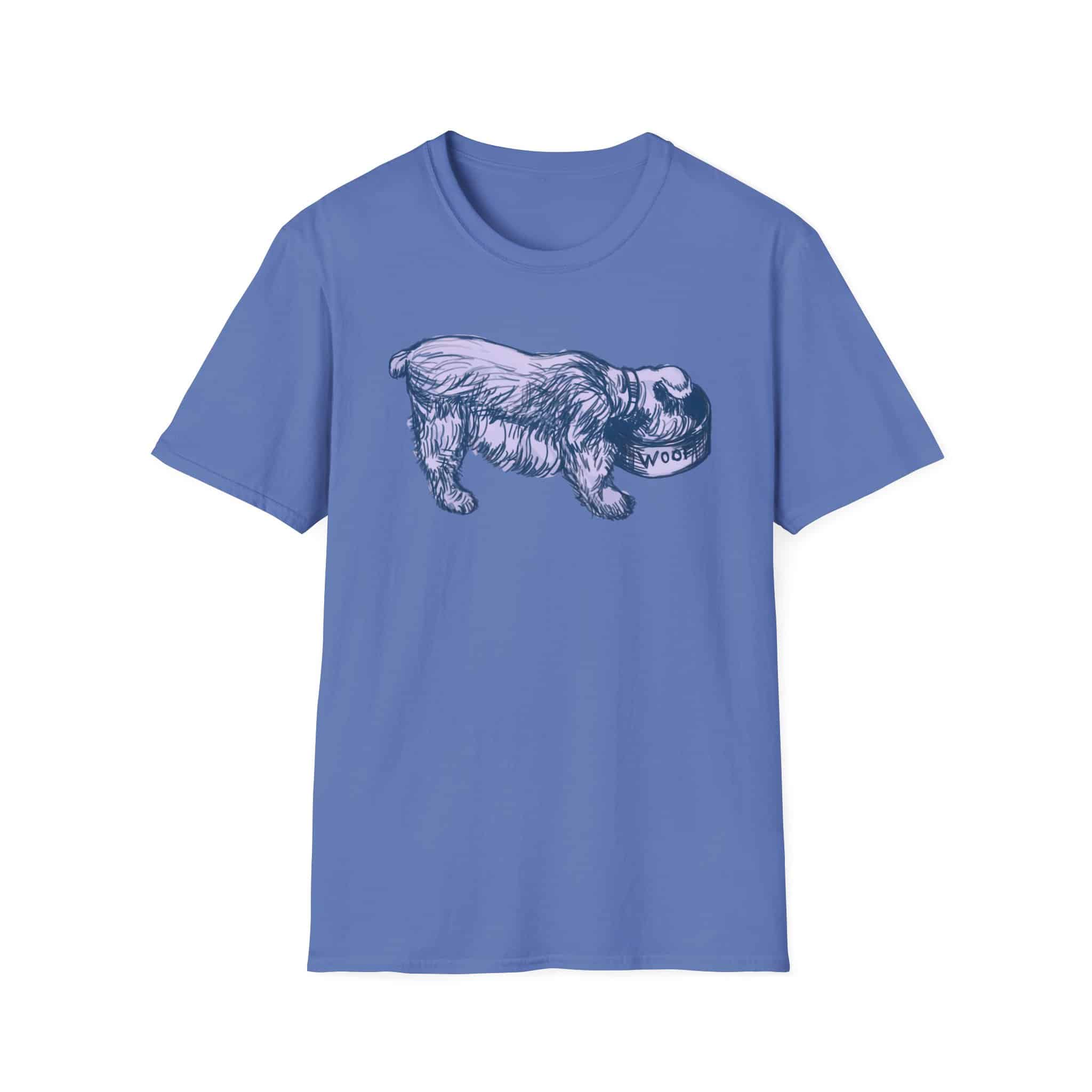 Quirky Vintage Pup Illustration T-Shirt — 'Woof' Dog Bowl Graphic - Image 12