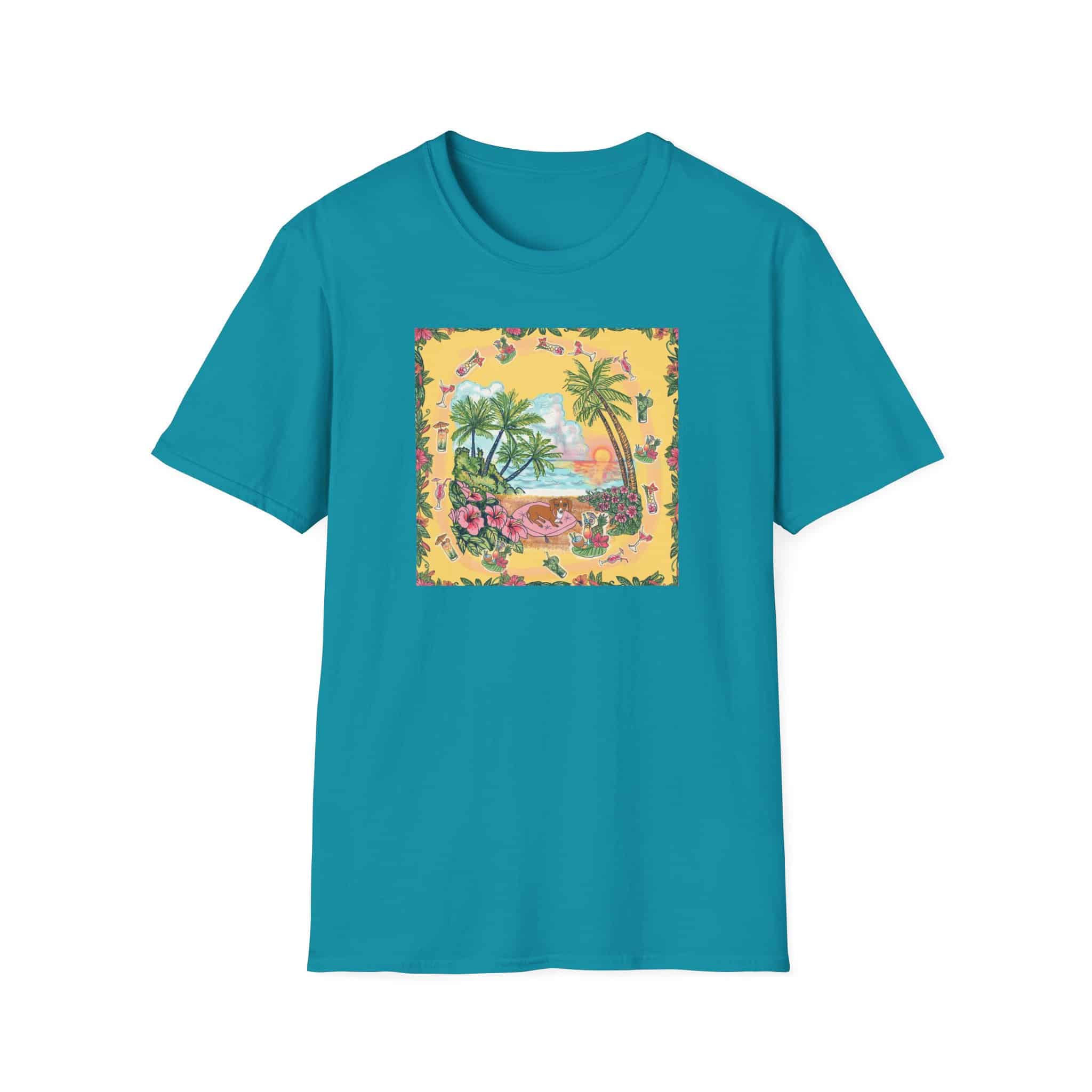 Girl Dachshund on a Tropical Sunset Beach T-Shirt — Vintage Beach Floral Graphic - Image 27