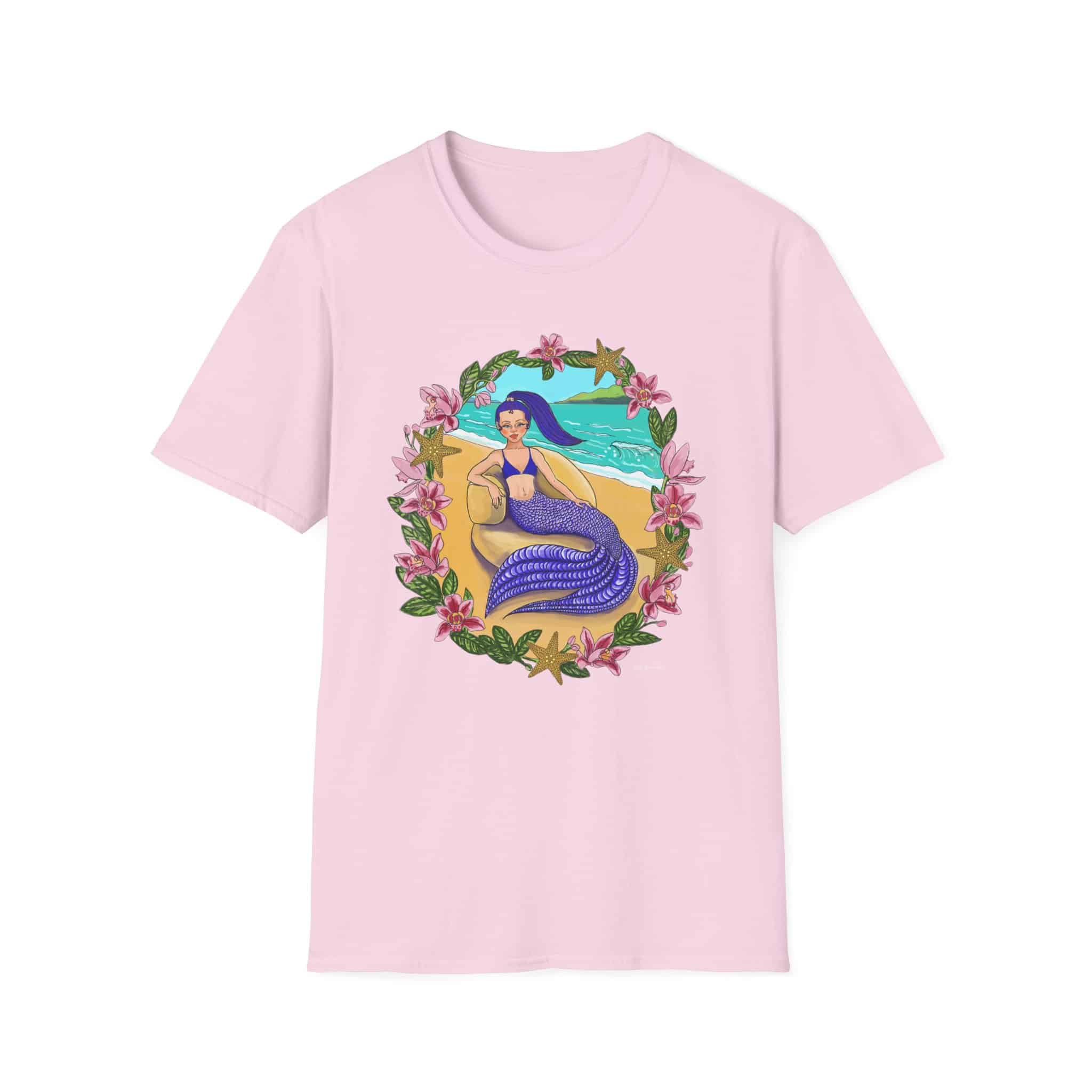 Blue-Haired Mermaid Beach Vibes T-Shirt — Tropical Floral Ocean Graphic - Image 6