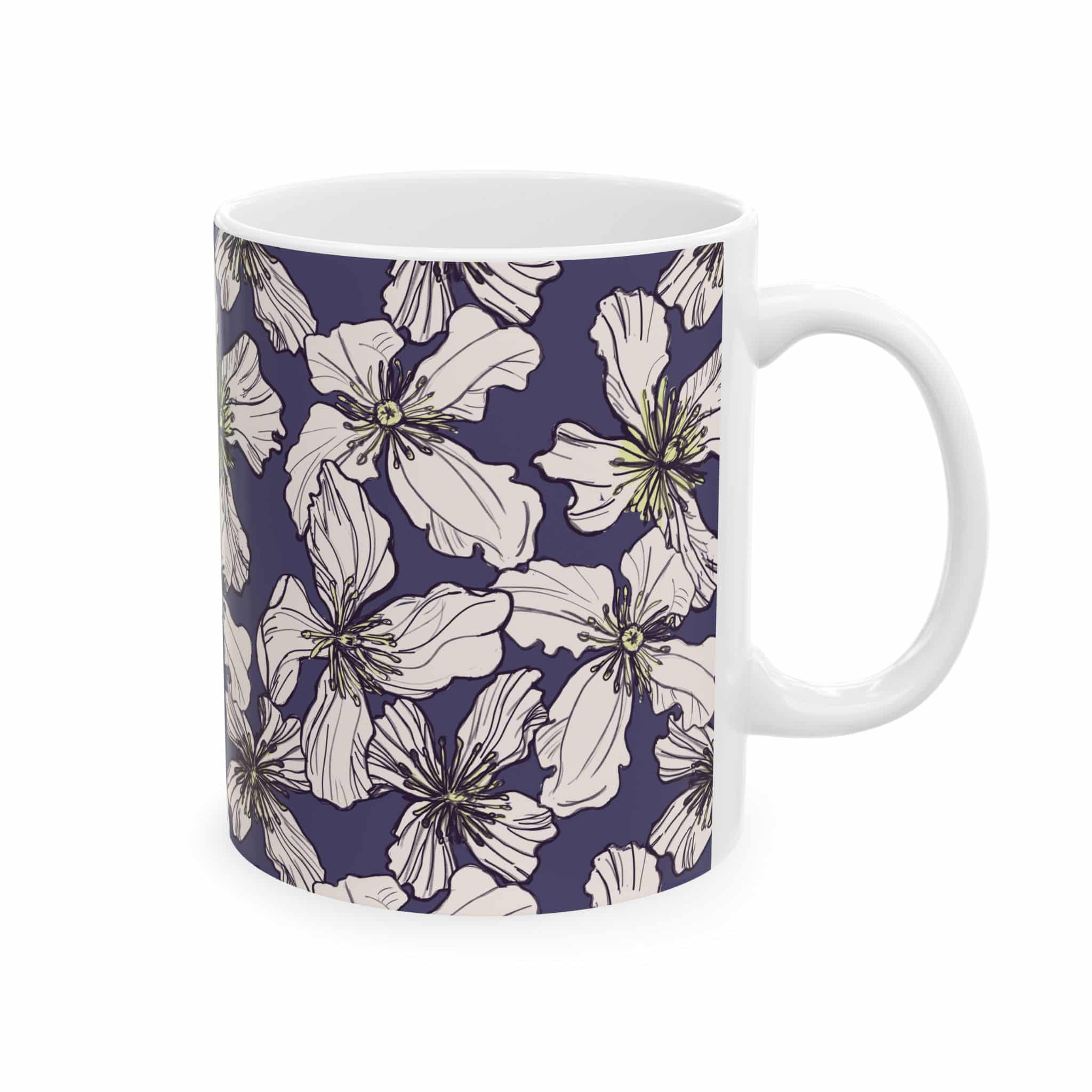 Floral Pattern Ceramic Mug — Hand-Drawn White Clematis Blossoms on Deep Navy (11oz & 15oz) - Image 2