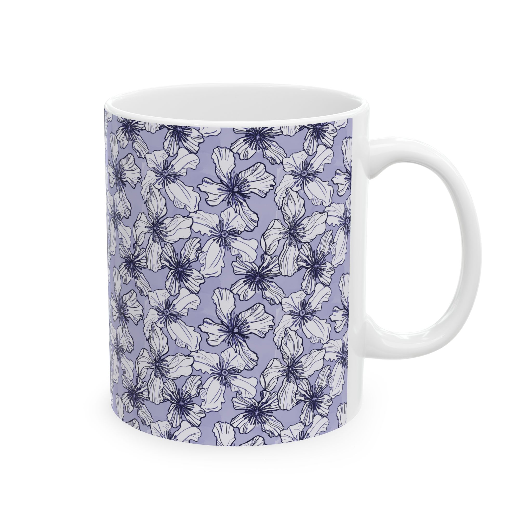 Lavender Floral Ceramic Mug — Purple Hand-Drawn Clematis Blossom Pattern (11oz & 15oz) - Image 2