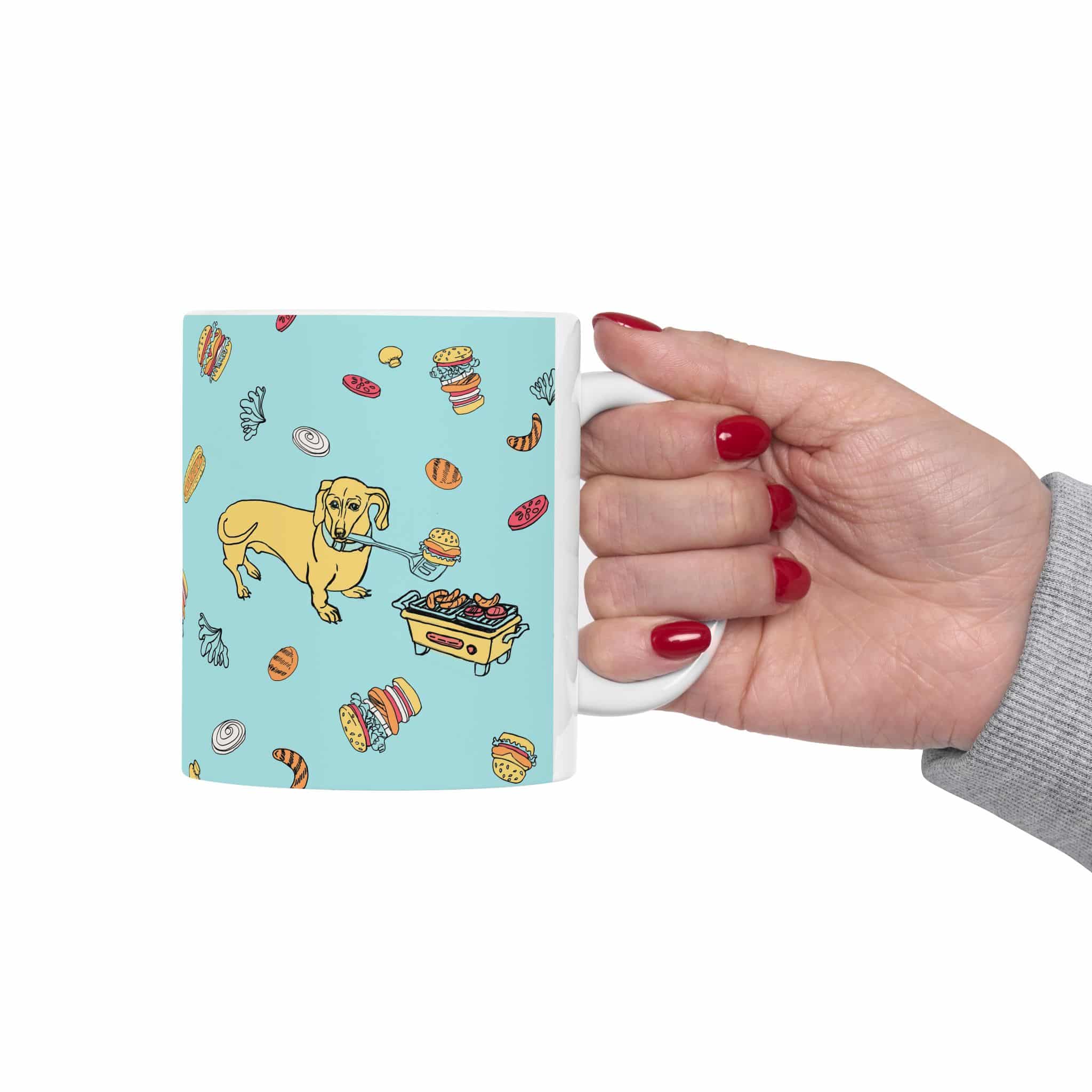 Dachshund Cooking on Hibachi Pattern Ceramic Mug — Cute Burger & Hot Dog 11oz/15oz Coffee Cup - Image 3