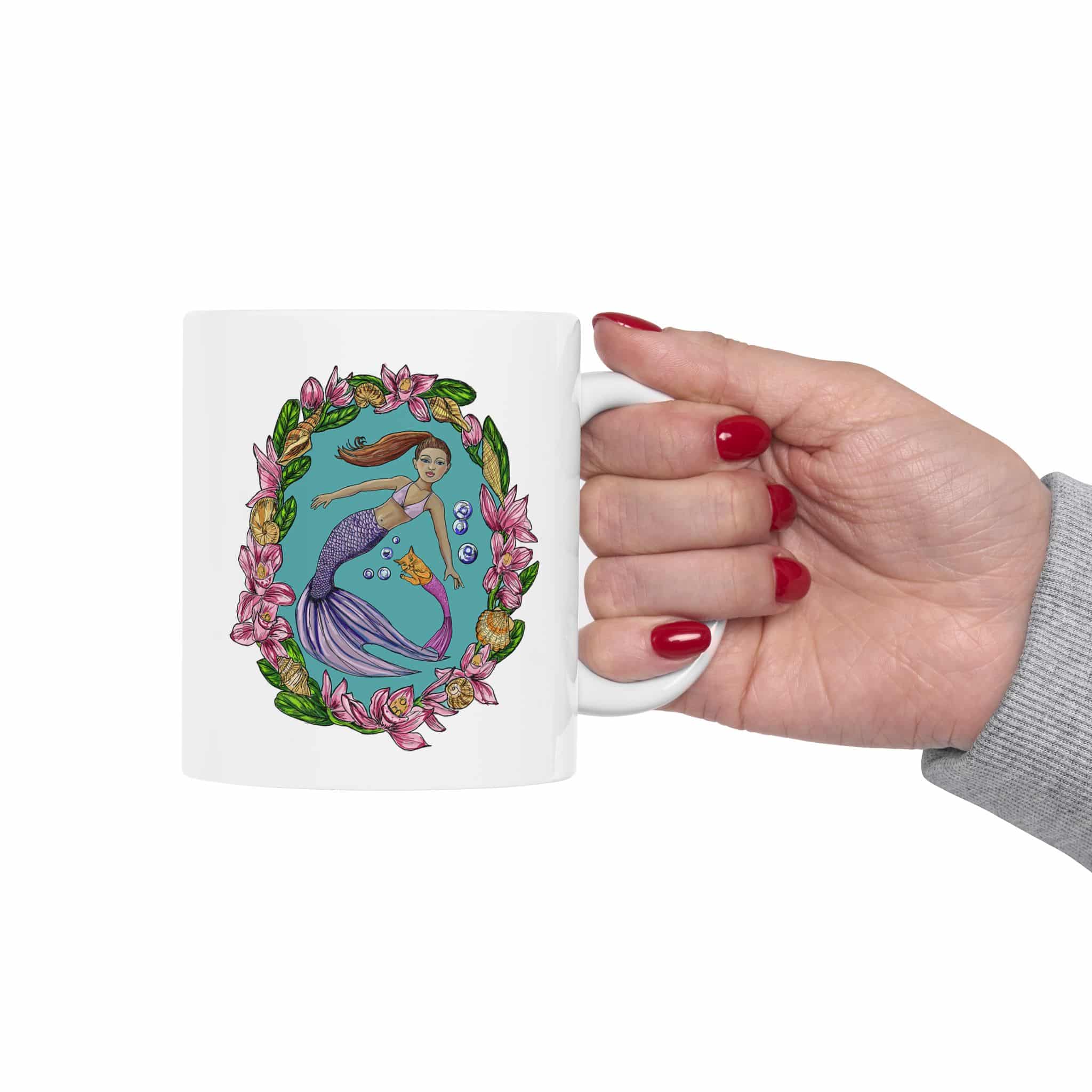 Floral Mermaid with Mercat Companion Ceramic Mug — Botanical Globe 11oz & 15oz - Image 3