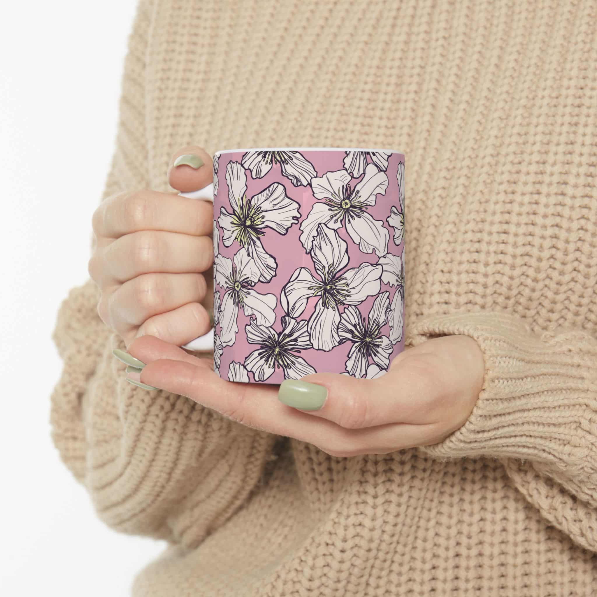Pink Floral Ceramic Mug – White Clematis Pattern Tea & Coffee Cup (11oz, 15oz) - Image 5