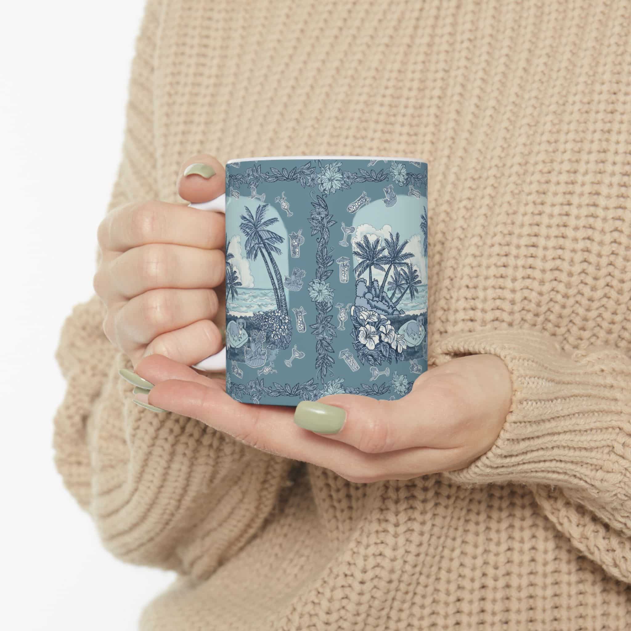 Dachshund on a Tropical Beach Ceramic Mug – Vintage Palm Tree Ocean Scene (11oz & 15oz) - Image 5