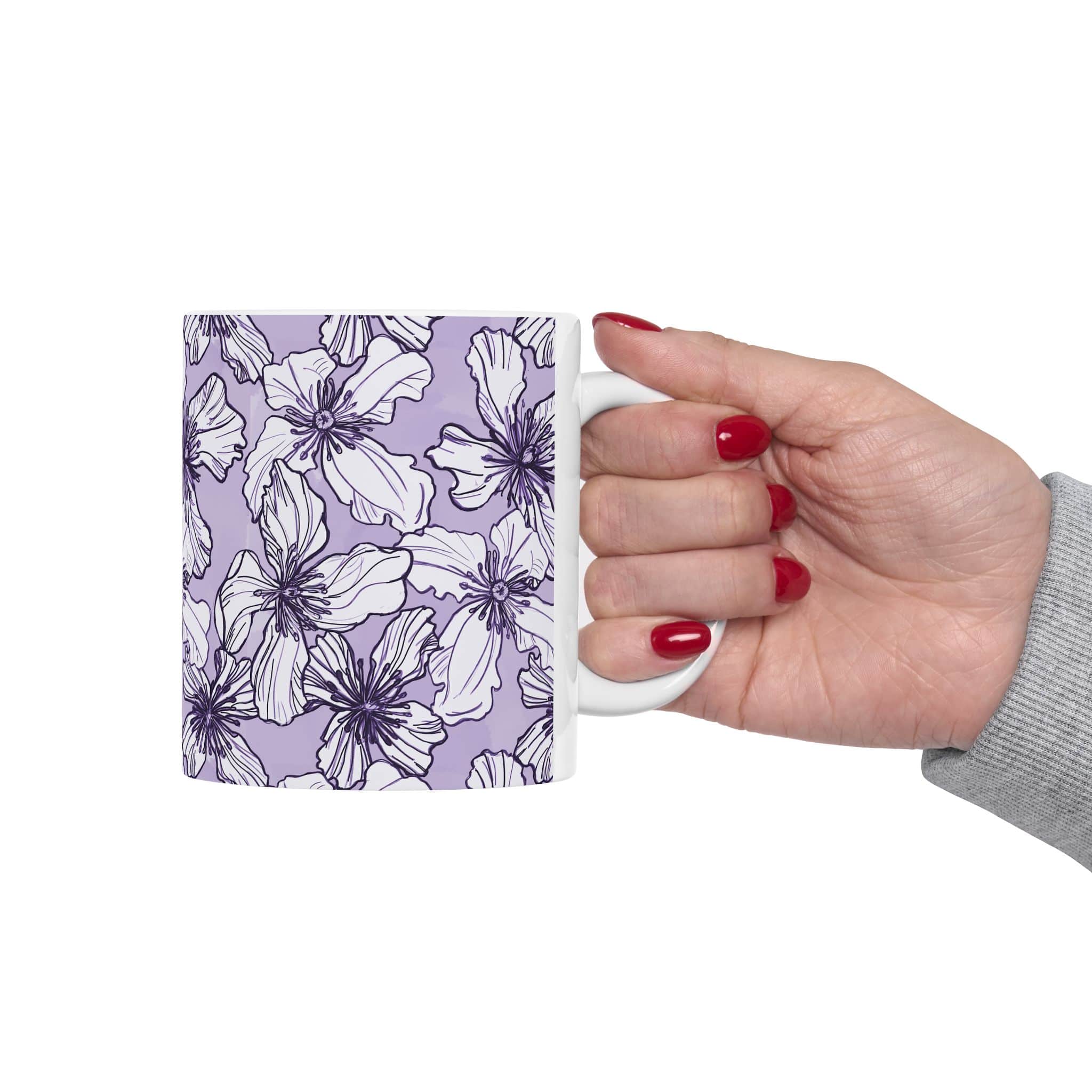 Lavender Floral Ceramic Mug — Purple Hand-Drawn Clematis Flowers Coffee Cup (11oz/15oz) - Image 3