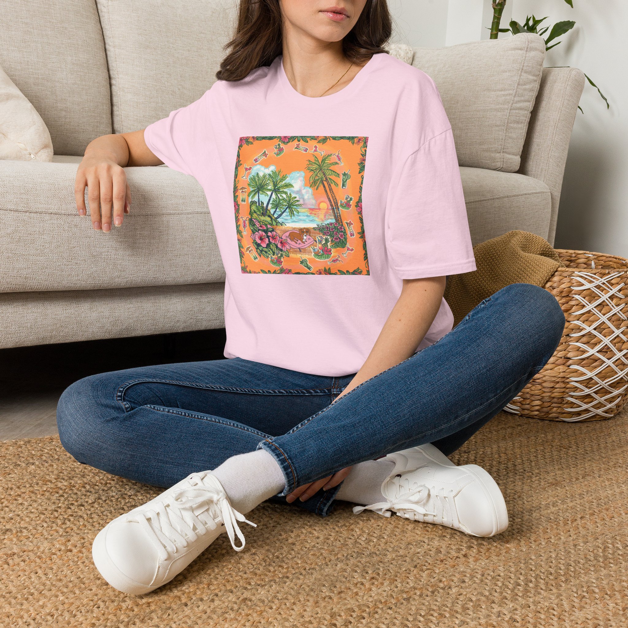 Girl Dachshund on a Tropical Sunset Beach T-Shirt — Vintage Beach Floral Graphic - Image 42