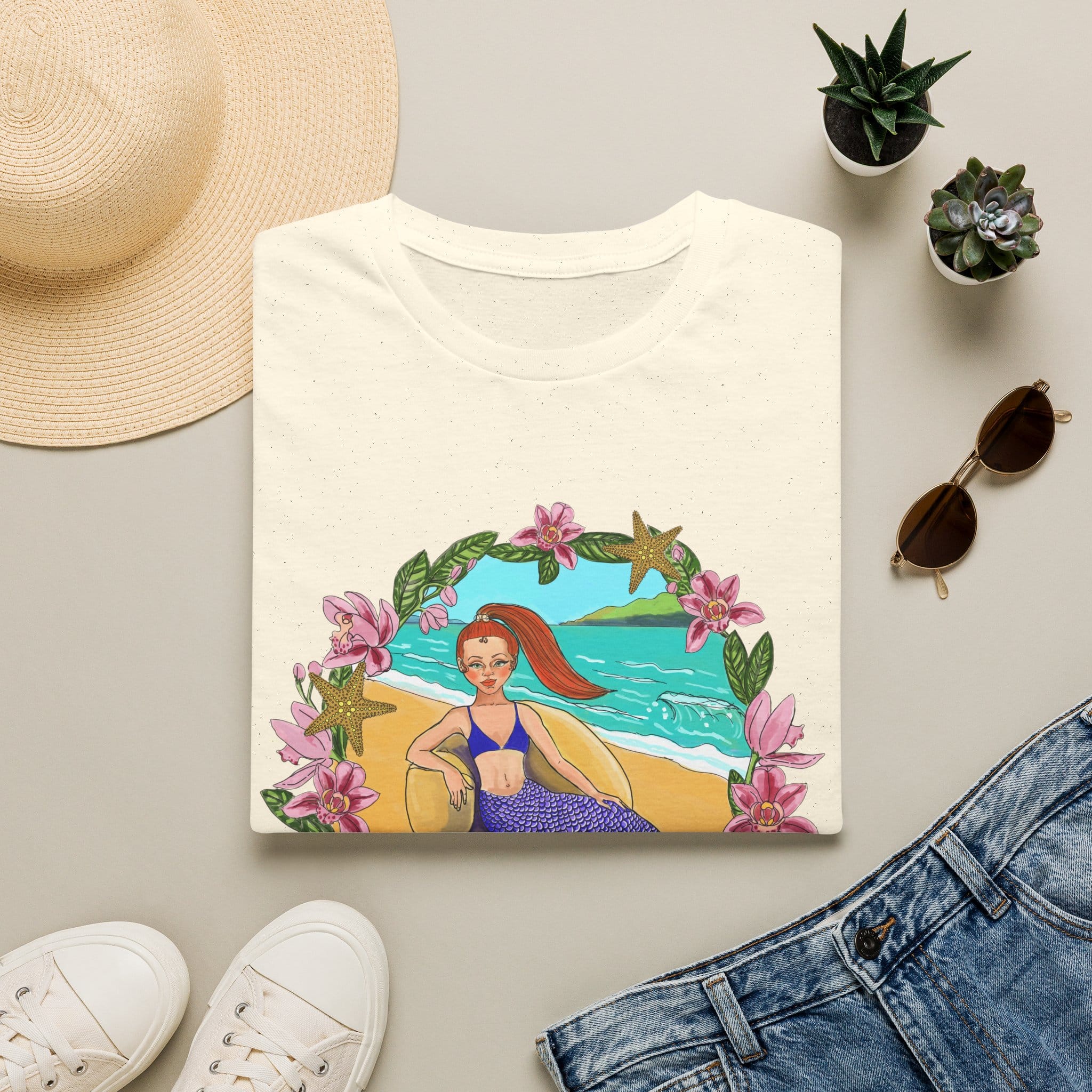 Red-Headed Mermaid Beach Vibes T-Shirt — Tropical Floral Ocean Graphic - Image 13