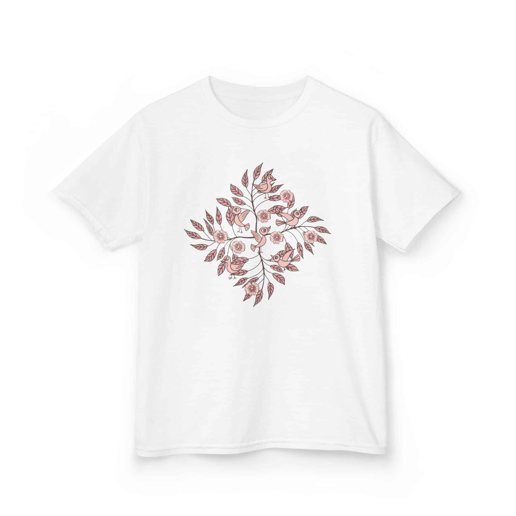 Kids Tee — Pink Watercolor Bird & Leaf Floral Design - Image 5