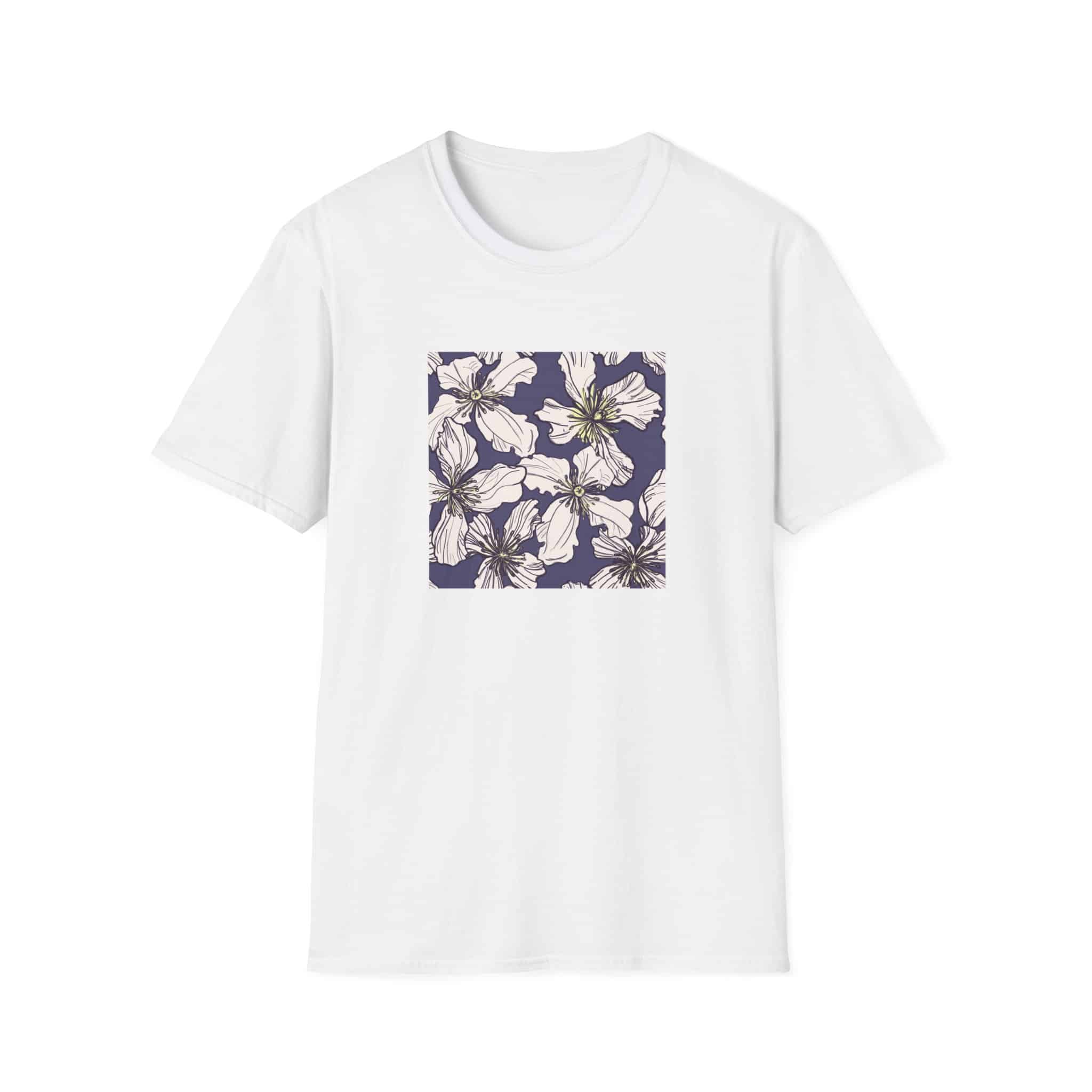 Floral Square Tee — White Clematis Print T-Shirt - Image 27