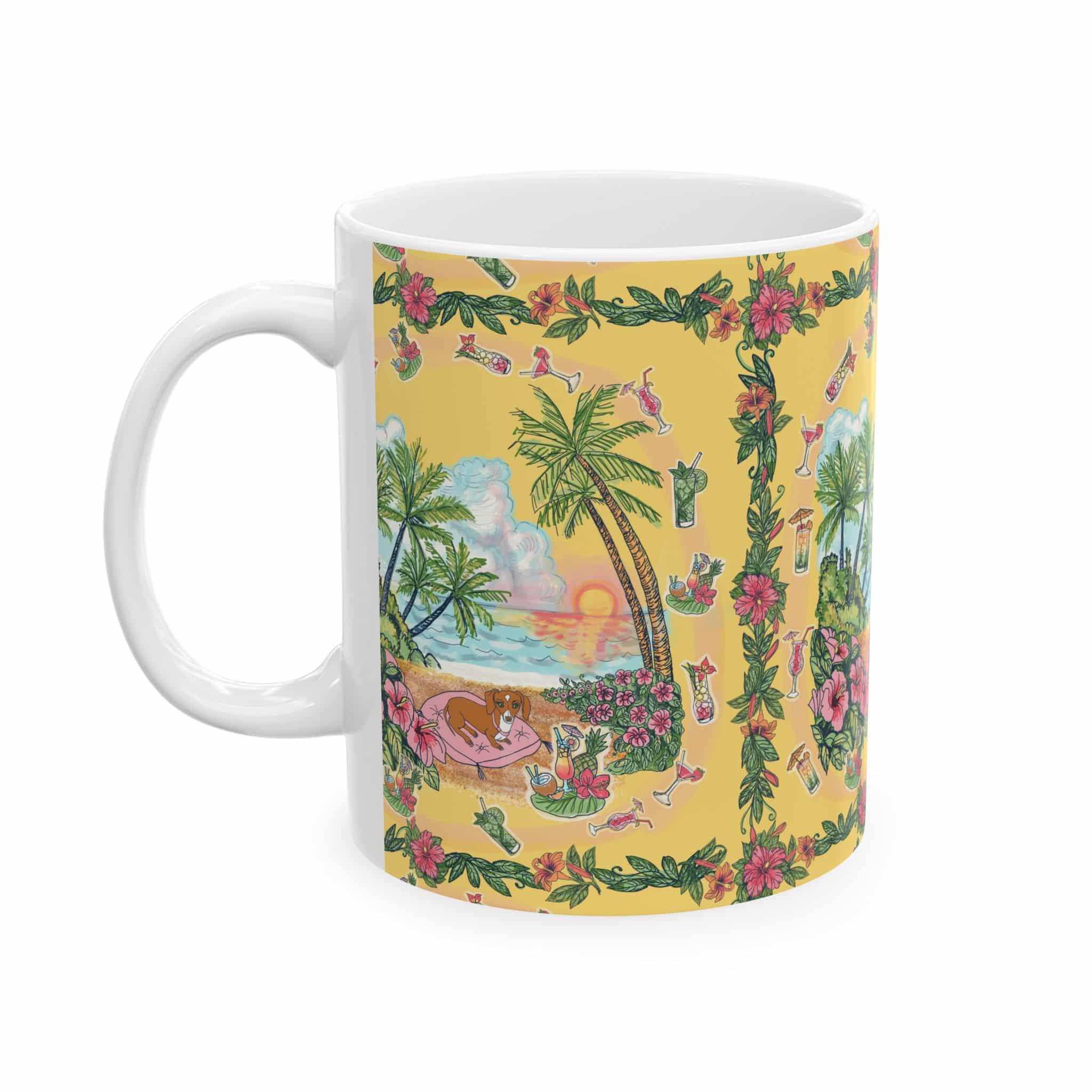 Dachshund Tropical Sunset Ceramic Mug – Hawaiian Beach Scene with Palm Trees & Hibiscus (11oz/15oz)