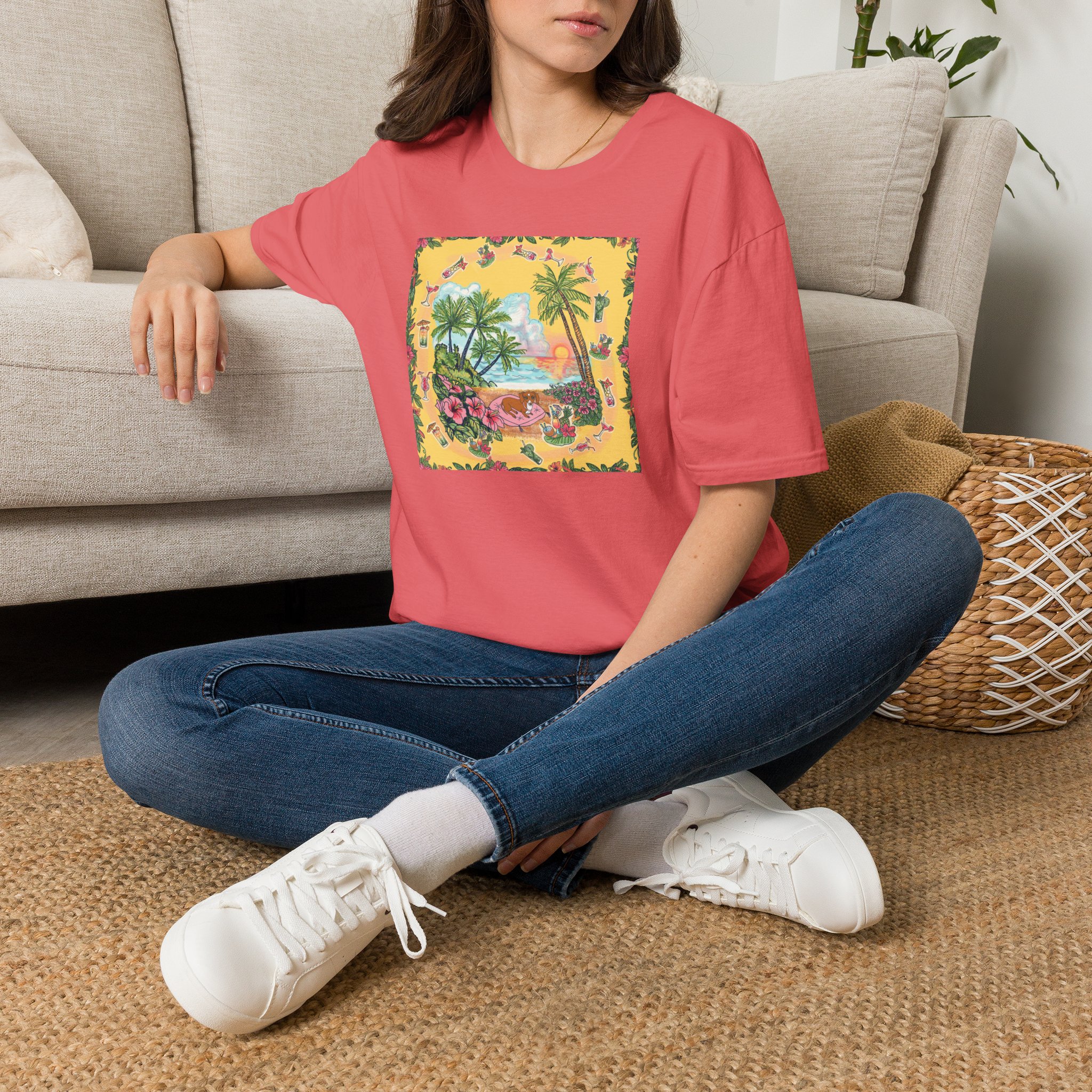 Girl Dachshund on a Tropical Sunset Beach T-Shirt — Vintage Beach Floral Graphic - Image 18