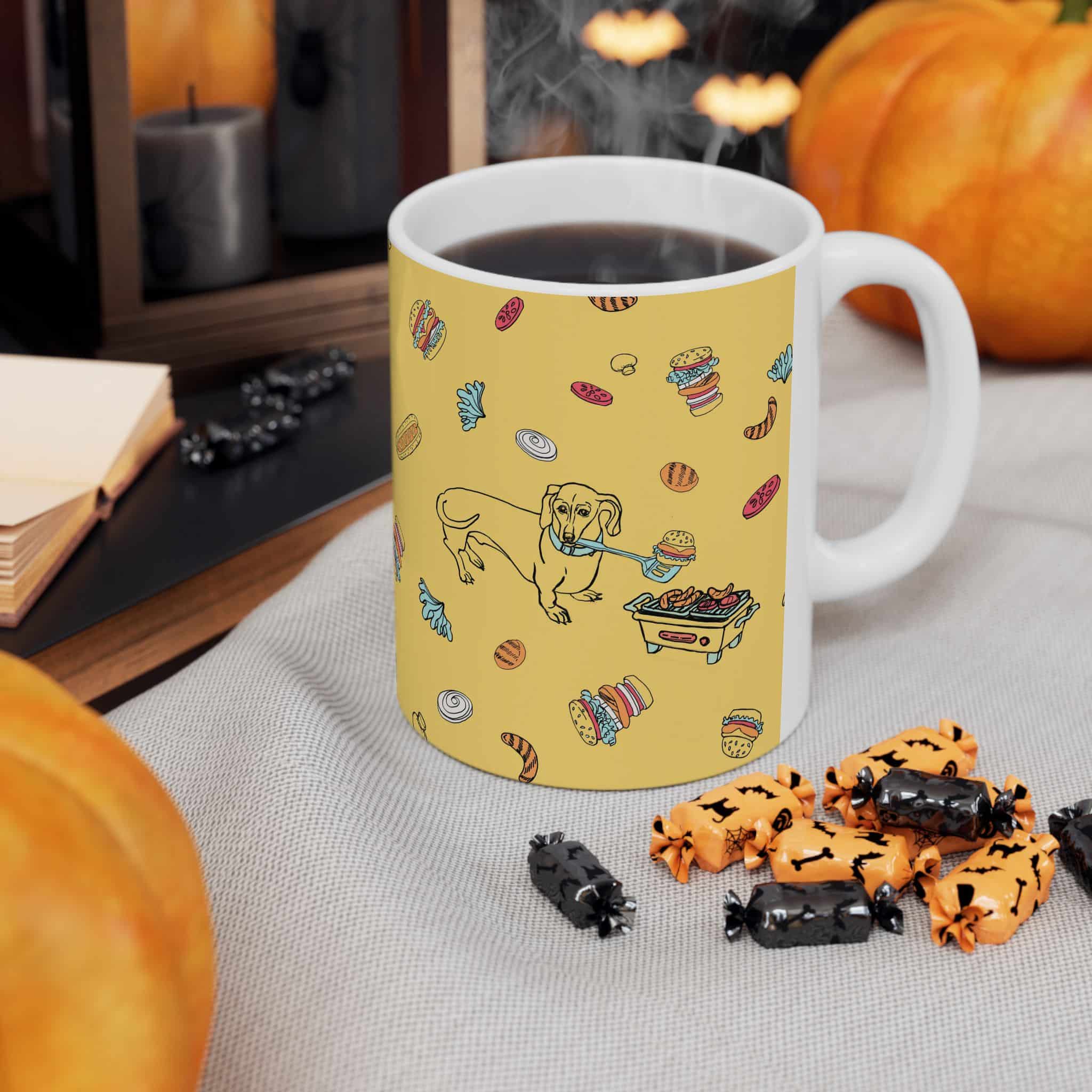 Dachshund Cooking on Hibachi Pattern Ceramic Mug — Cute Burger & Hot Dog 11oz/15oz Coffee Cup - Image 4