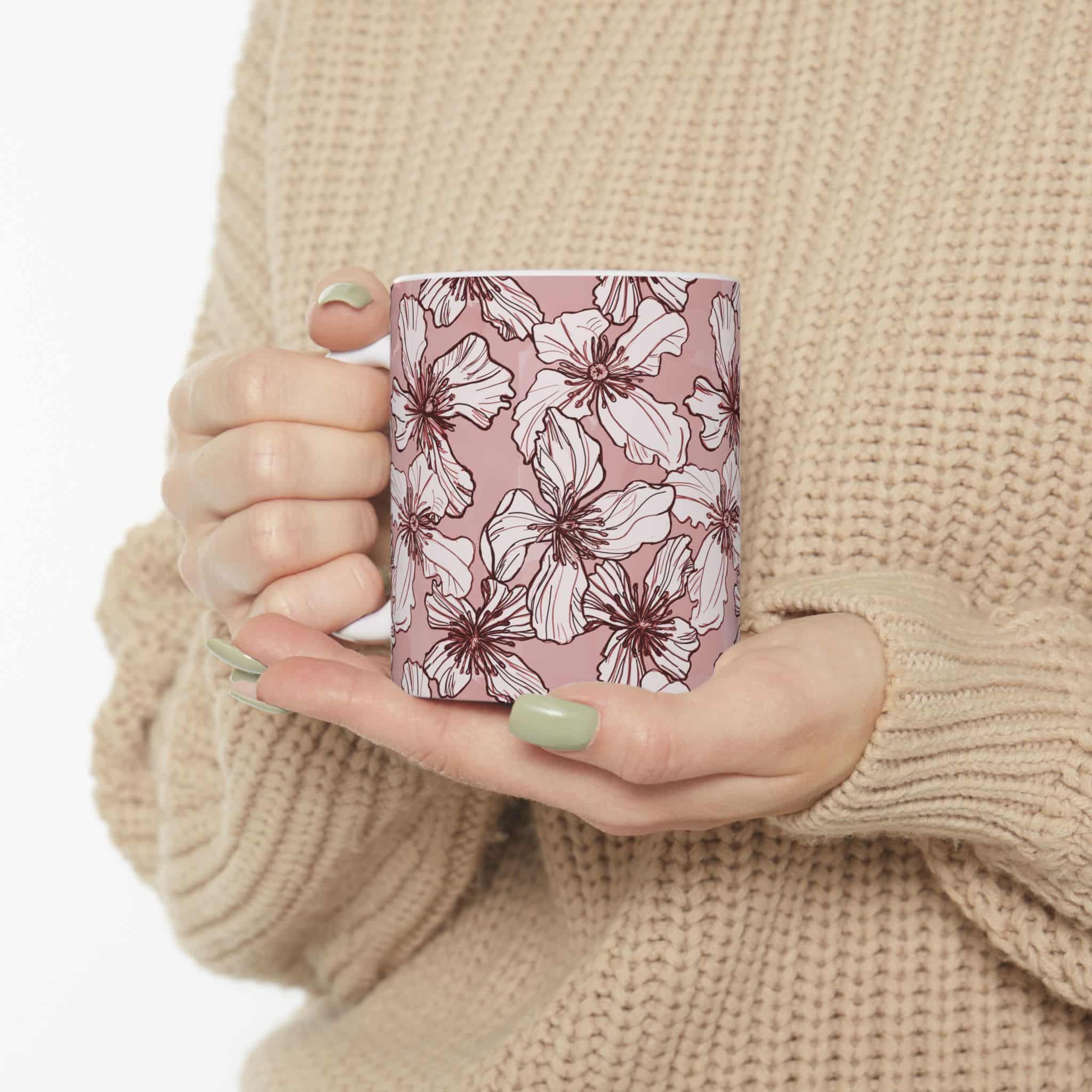 Blush Floral Ceramic Mug — Pink Hand-Drawn Clematis Flower Coffee Cup (11oz & 15oz) - Image 5