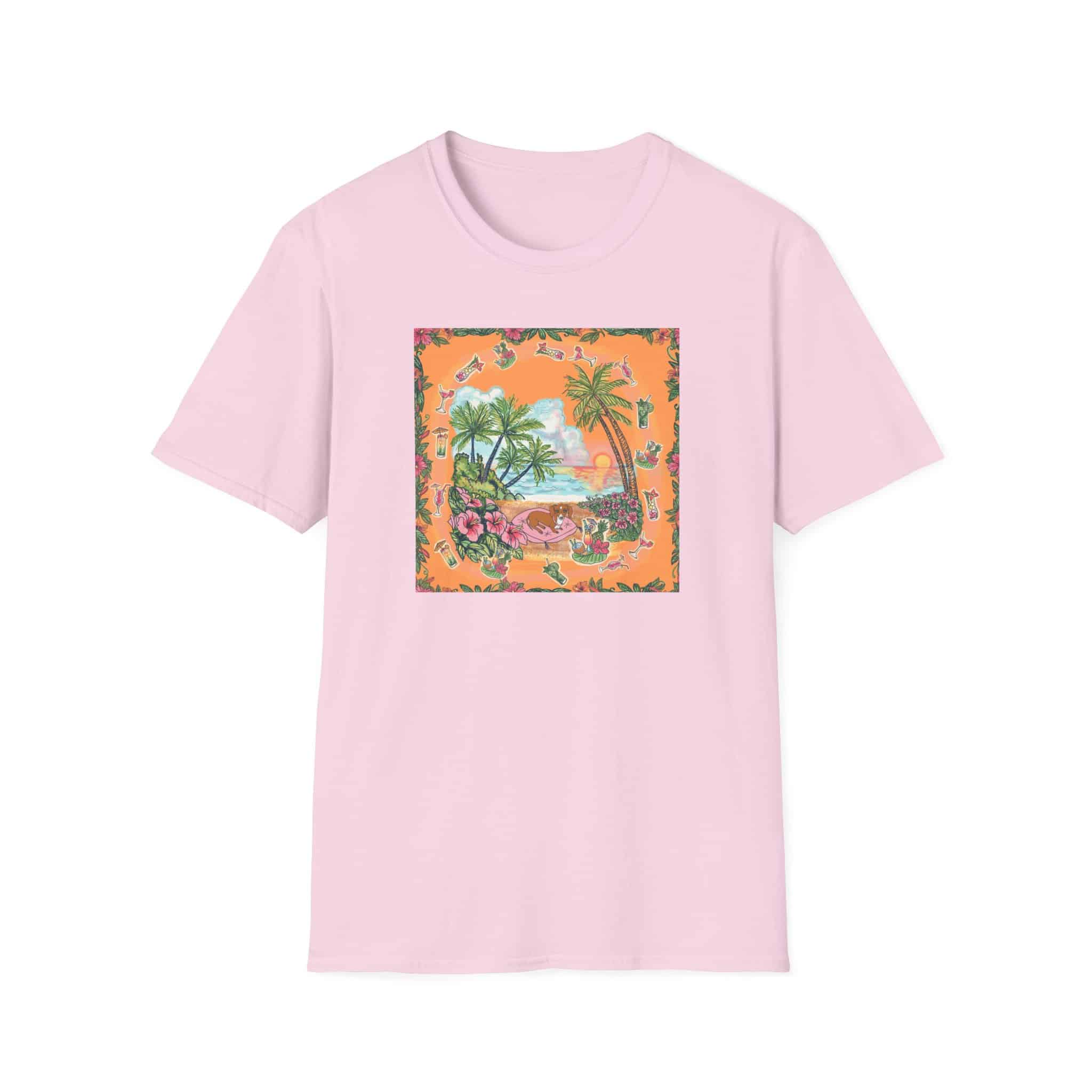 Girl Dachshund on a Tropical Sunset Beach T-Shirt — Vintage Beach Floral Graphic - Image 43