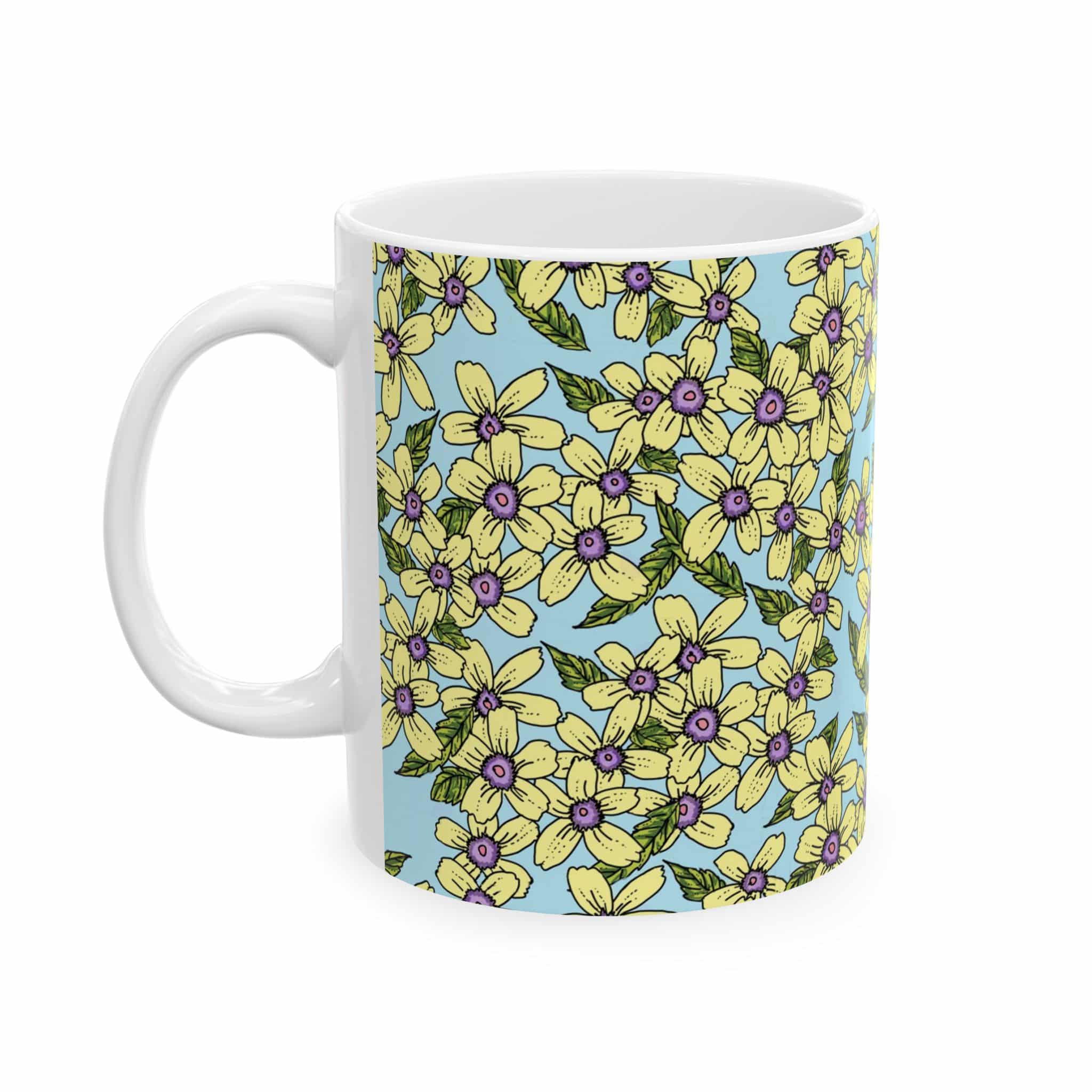 Floral Pattern Ceramic Mug — Yellow Blossoms on Sky Blue (11oz & 15oz)