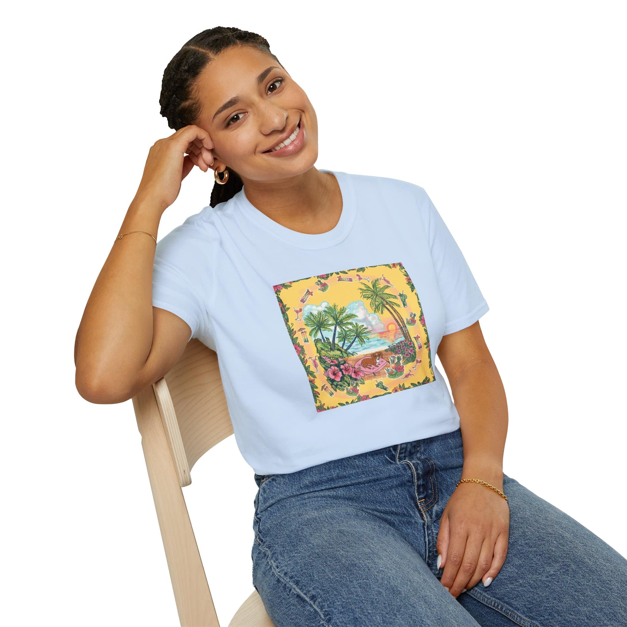 Girl Dachshund on a Tropical Sunset Beach T-Shirt — Vintage Beach Floral Graphic - Image 8