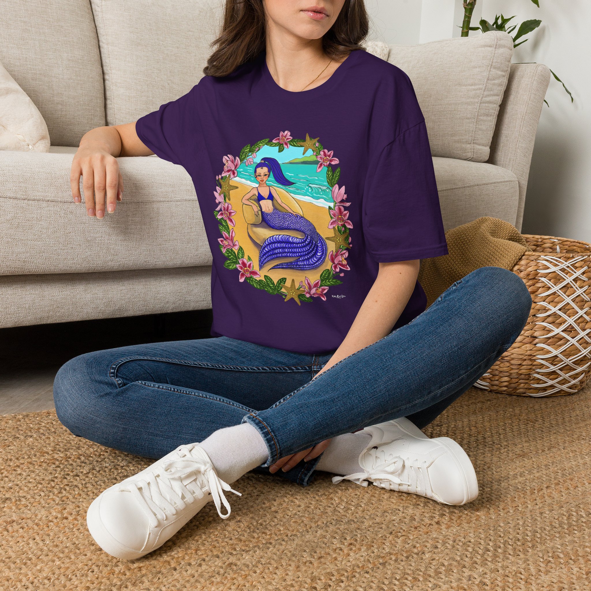 Blue-Haired Mermaid Beach Vibes T-Shirt — Tropical Floral Ocean Graphic - Image 8