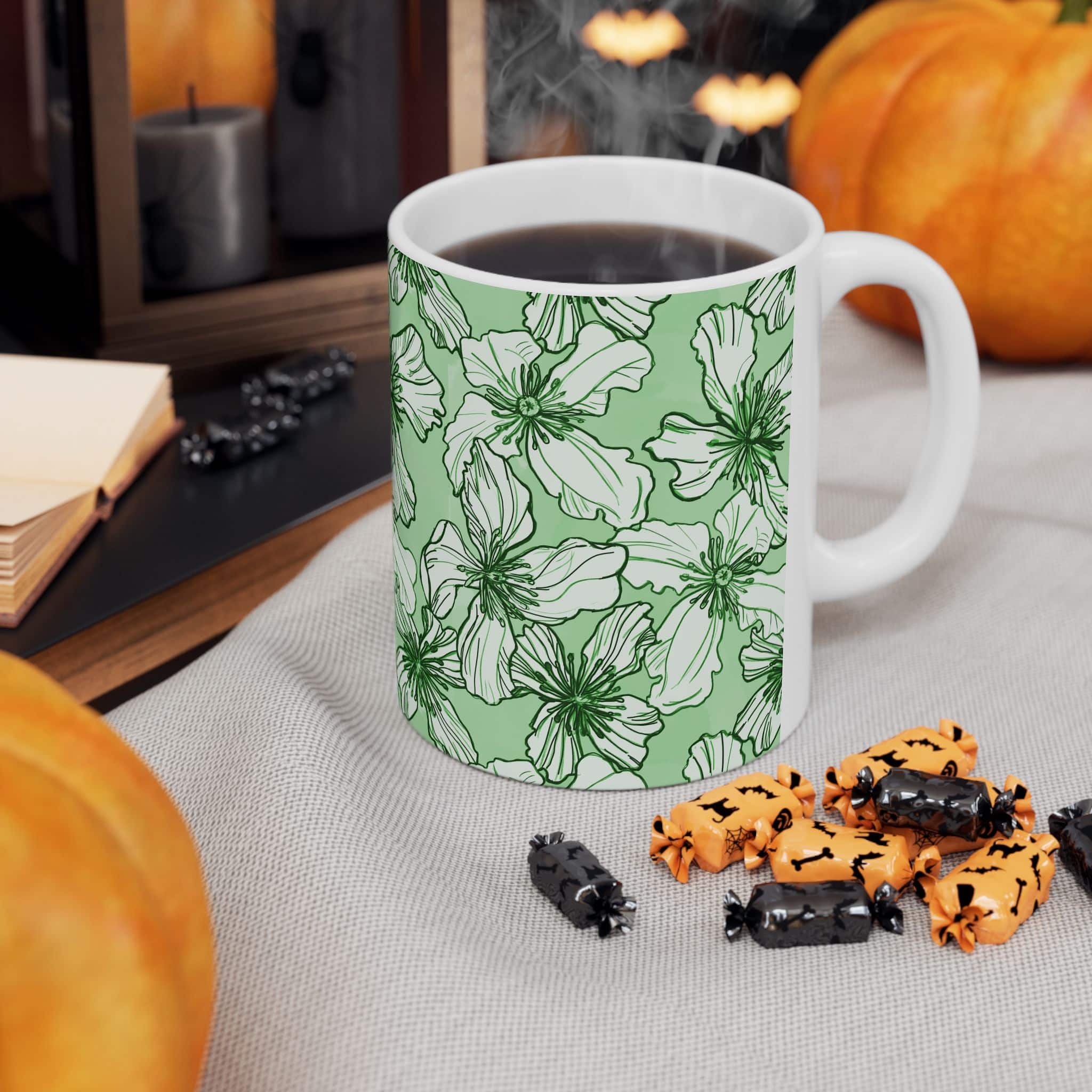 Green Floral Ceramic Mug — Hand-Drawn White Blossoms on Sage (11oz & 15oz) - Image 4
