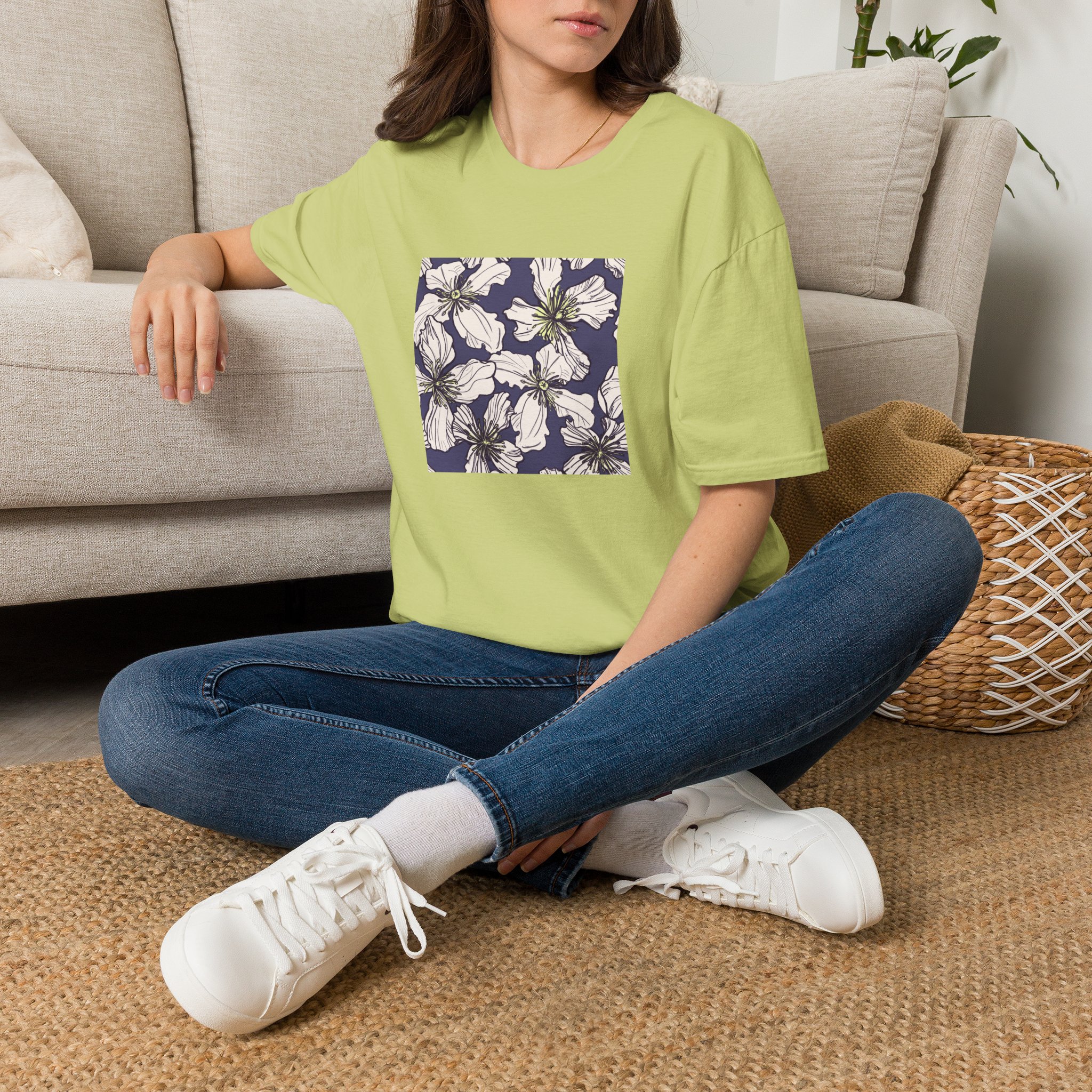 Floral Square Tee — White Clematis Print T-Shirt - Image 11