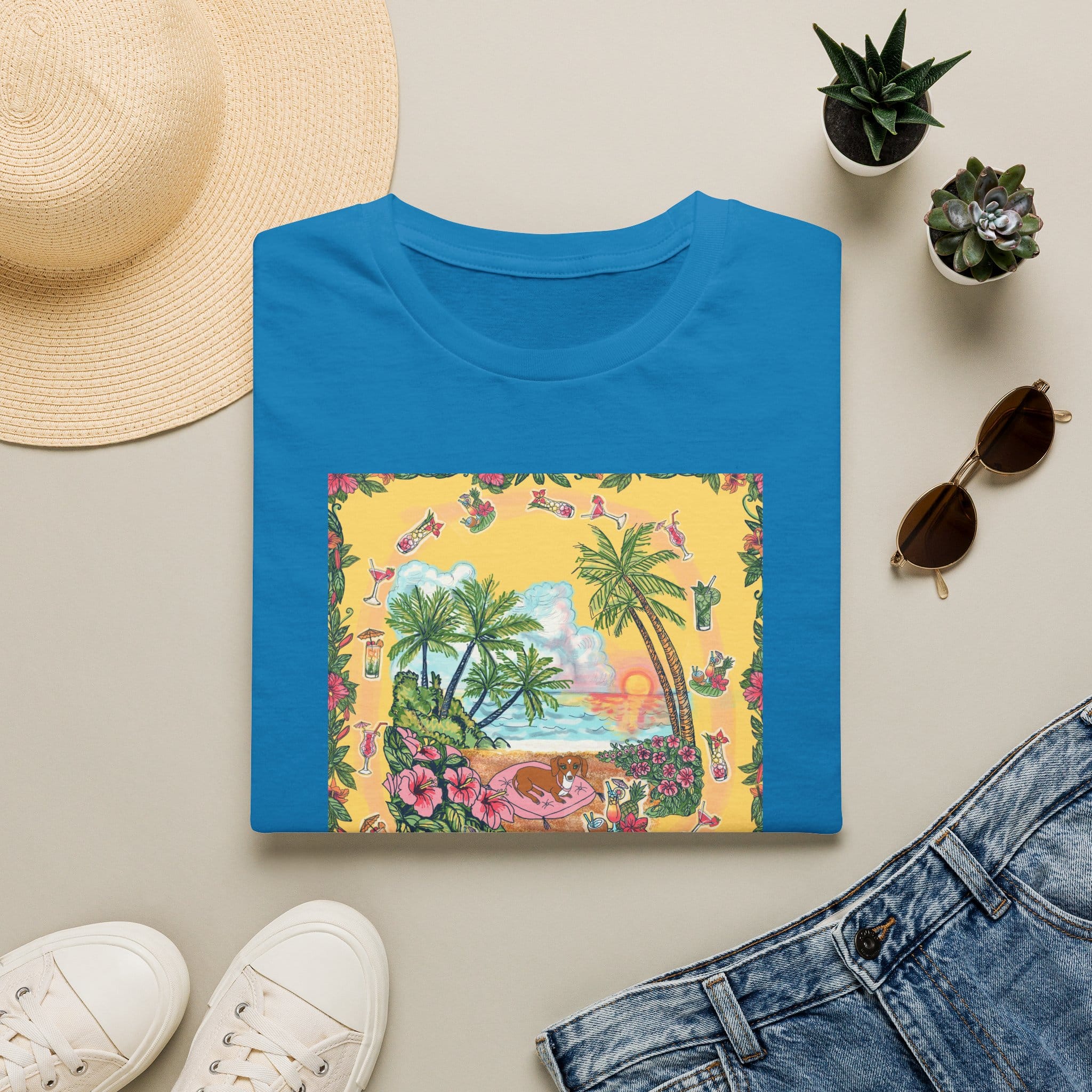 Girl Dachshund on a Tropical Sunset Beach T-Shirt — Vintage Beach Floral Graphic - Image 41