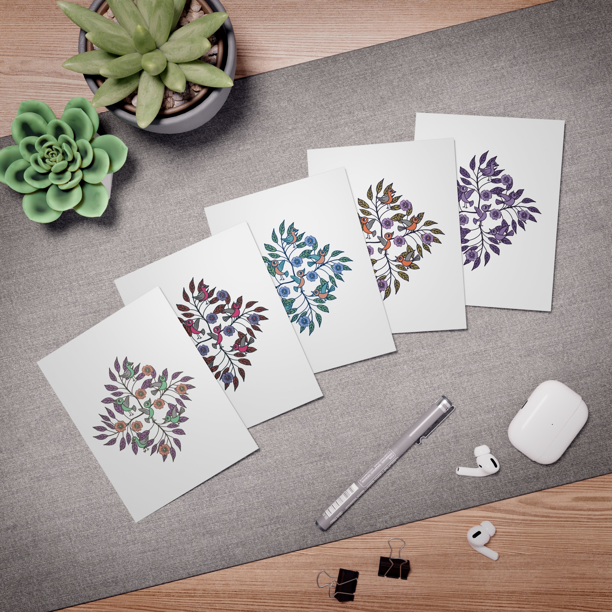 Stick Figure Birds Floral Wreath Greeting Cards – 5-Pack Assorted Watercolor Notes - Image 4