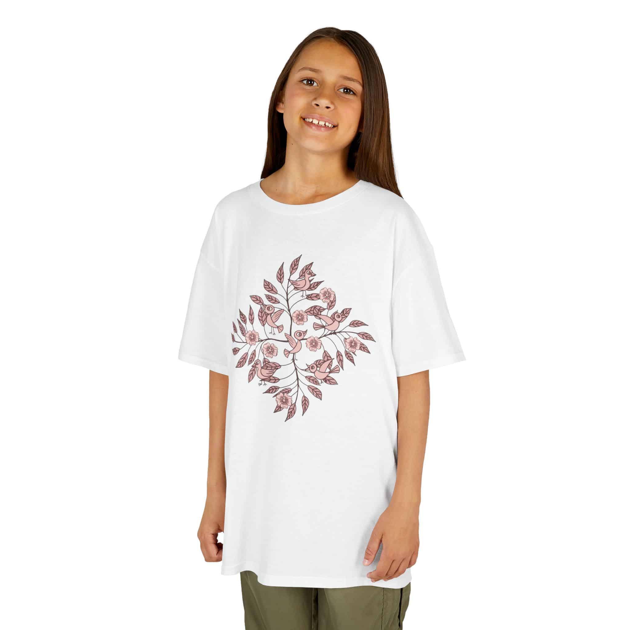 Kids Tee — Pink Watercolor Bird & Leaf Floral Design - Image 6