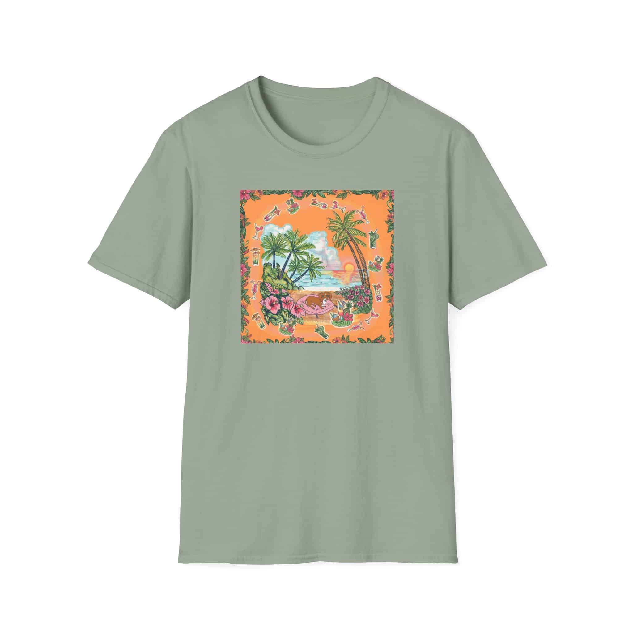 Girl Dachshund on a Tropical Sunset Beach T-Shirt — Vintage Beach Floral Graphic - Image 9