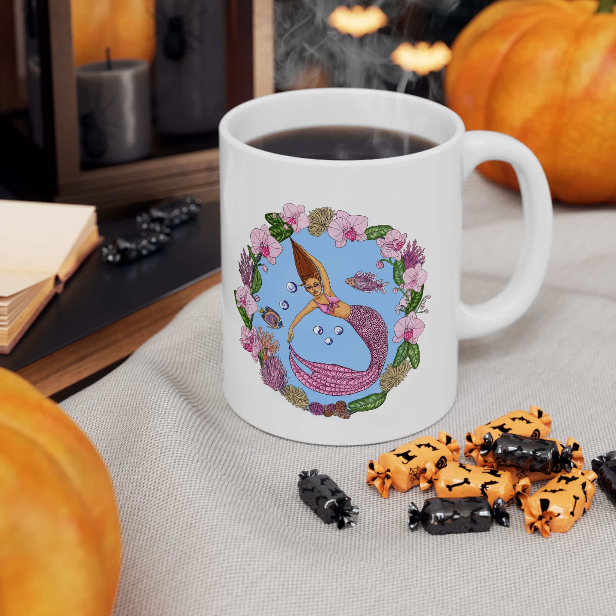 Floral Dancing Mermaid Ceramic Mug (11oz, 15oz) — Boho Floral Coffee Cup Gift - Image 4