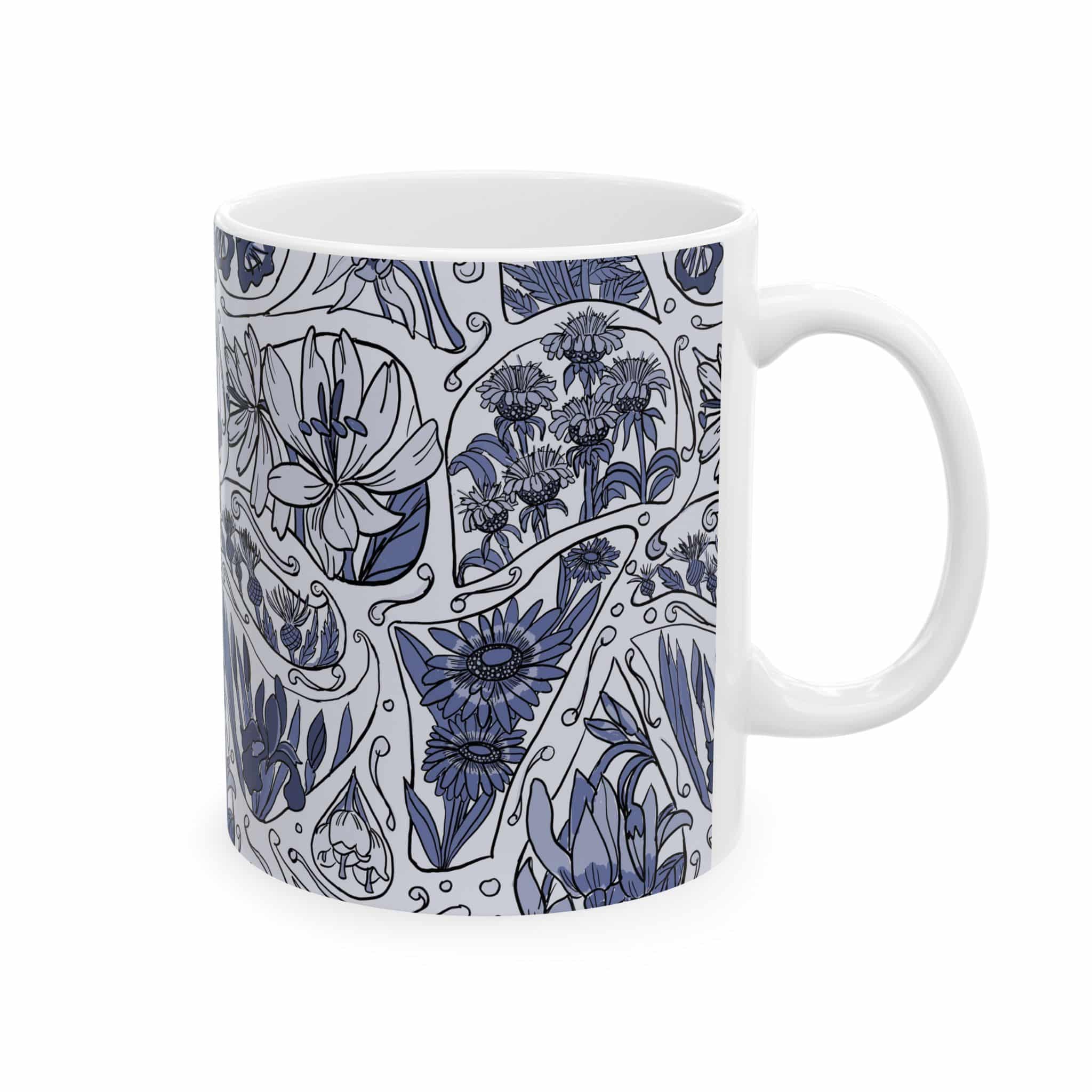 Blue Floral Pattern Ceramic Mug — Hand-Drawn Botanical Design (11oz & 15oz) - Image 2