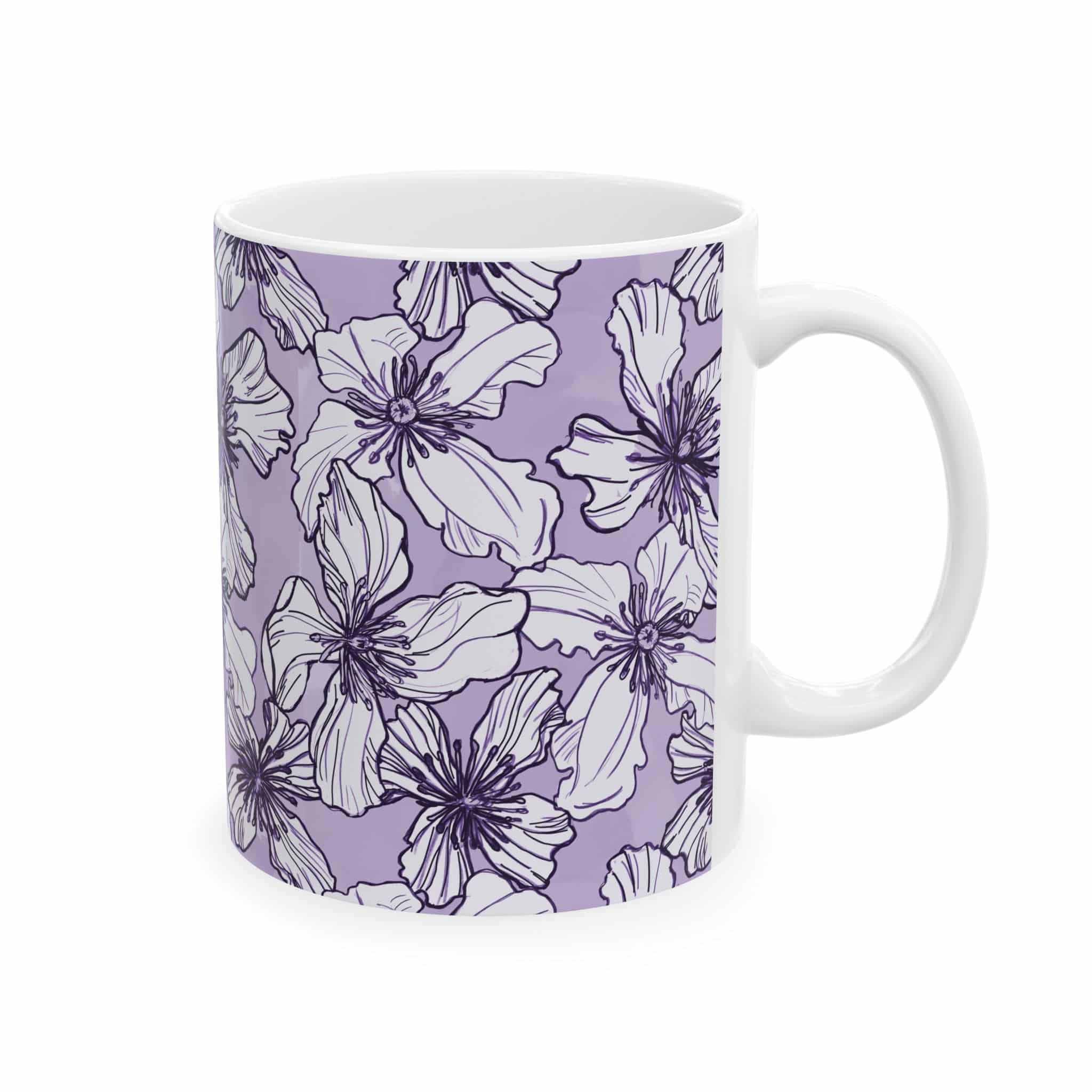 Lavender Floral Ceramic Mug — Purple Hand-Drawn Clematis Flowers Coffee Cup (11oz/15oz) - Image 2