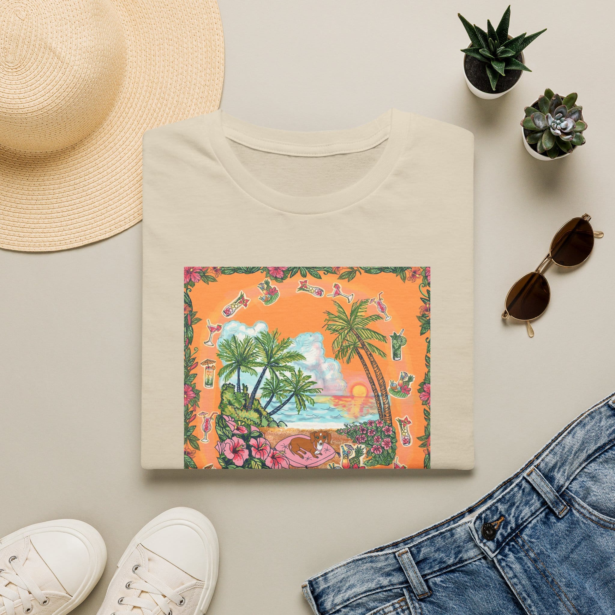 Girl Dachshund on a Tropical Sunset Beach T-Shirt — Vintage Beach Floral Graphic