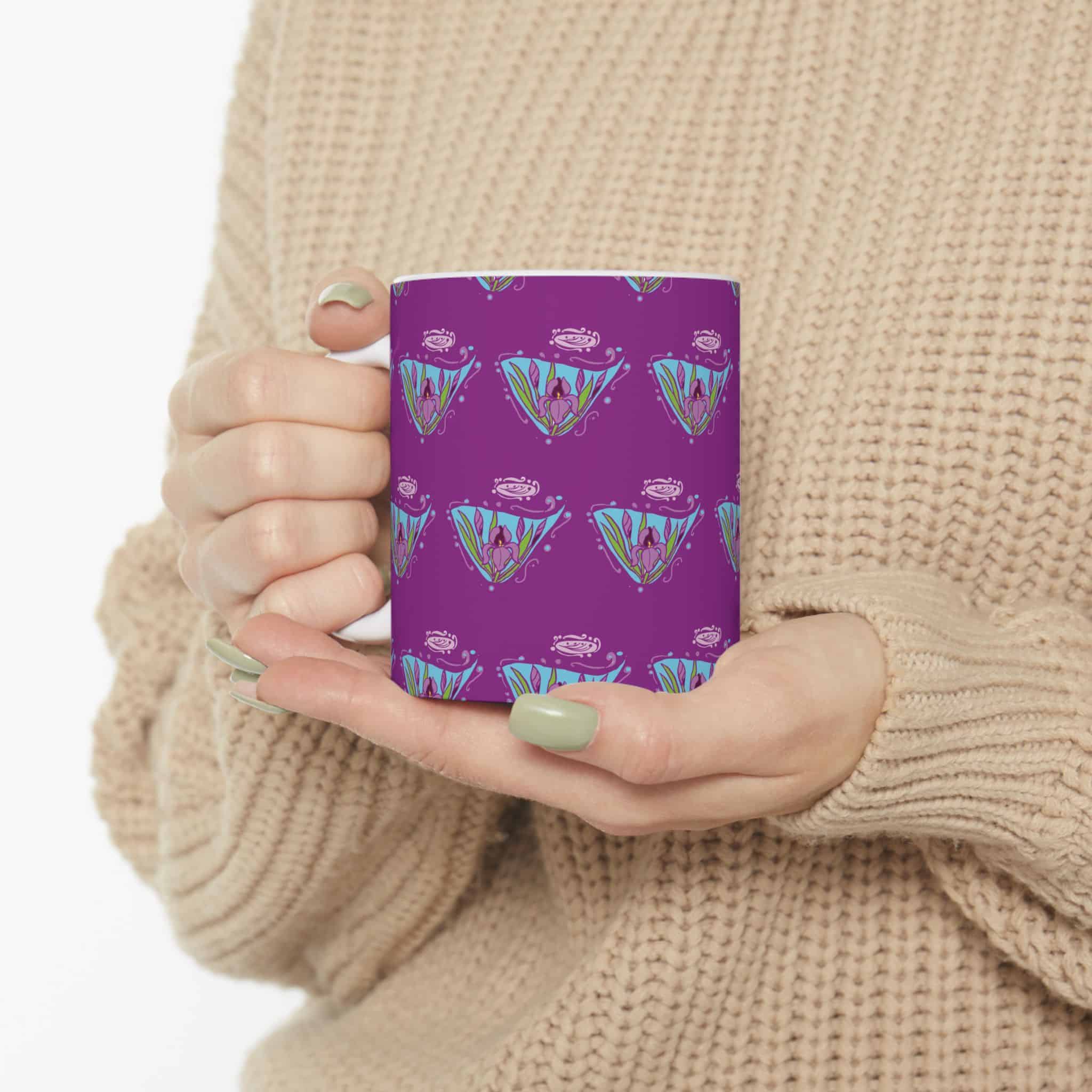 Purple Floral Art Nouveau Iris Pattern Ceramic Mug — Cute Botanical Tea & Coffee Cup (11oz, 15oz) - Image 5